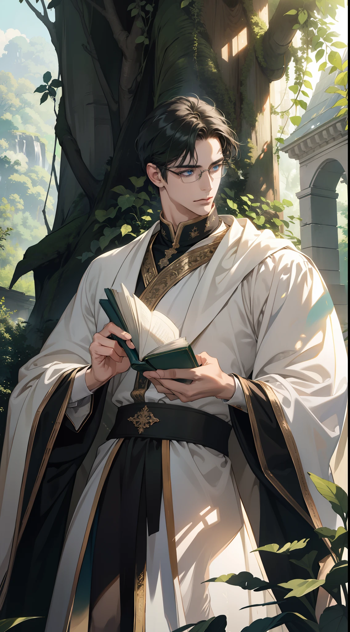 (absurdres, highres, ultra detailed)masterpiece, best quality, 1 male, adult, handsome, tall muscular guy, broad shoulders, finely detailed eyes, short dark green hair, flying bangs, blue eyes, wearing glasses, white robe, forest, trees full of greenery, fluttering leaves, pond, natural light and shadow, ancient marble building, There are shiny particles flying around the man, fantastic, fairy tale, mysterious, shining sparkle, (dutch angle), closed mouth, his hands are holding a book, dynamic light and shadow