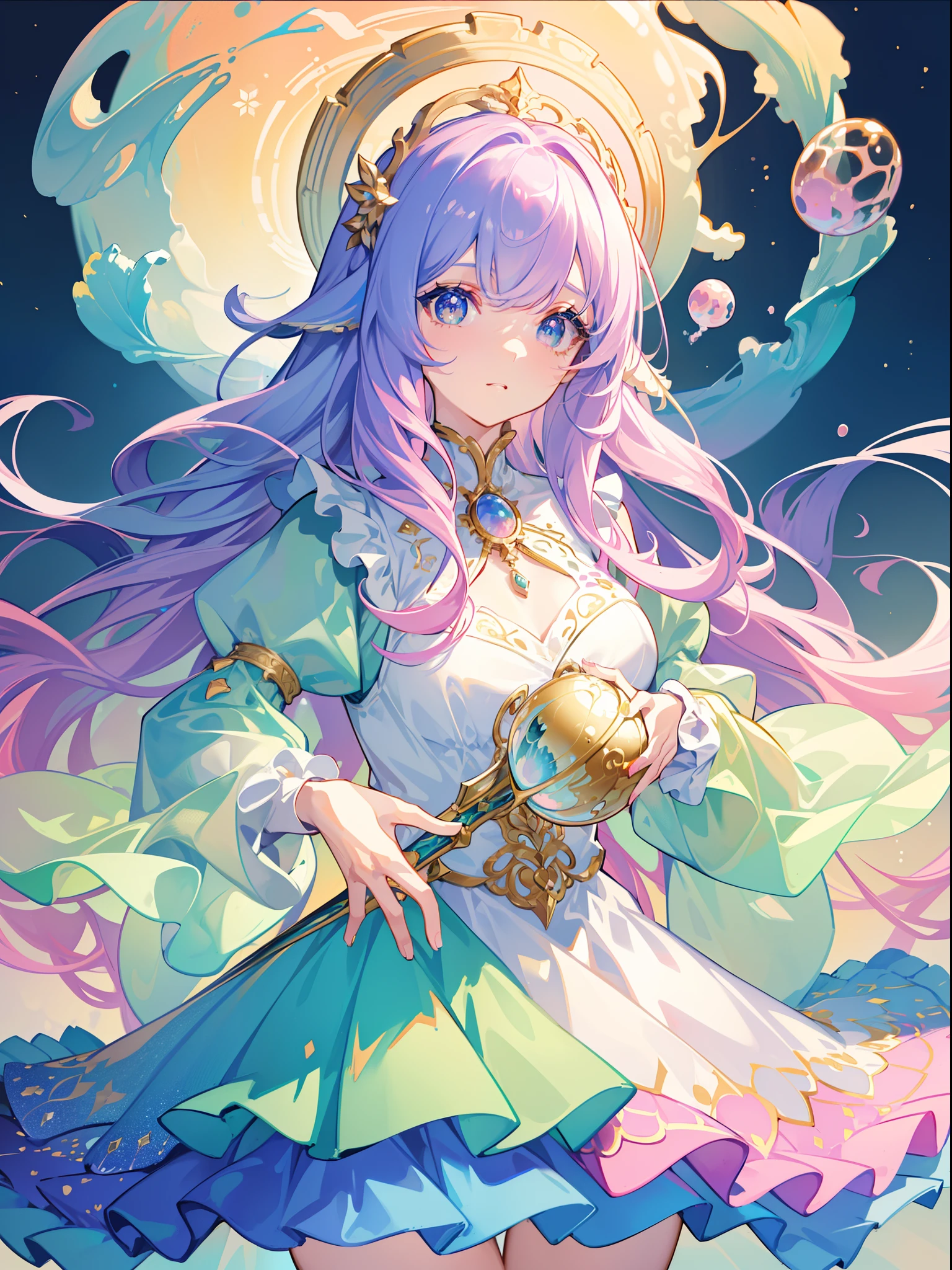 masterpiece, best quality, 8k resolution, sharp focus, intricate detail, beautiful girl, sparkling eyes, golden ratio face, otherworldly liquid, watercolor, pastel colors, bright colors, whimsical, colorful, sharp focus, high resolution, fine detail, ((layered tiered puffy long sleeves ballgown)), ((round eyes)), iridescent bubbles, fantasia background