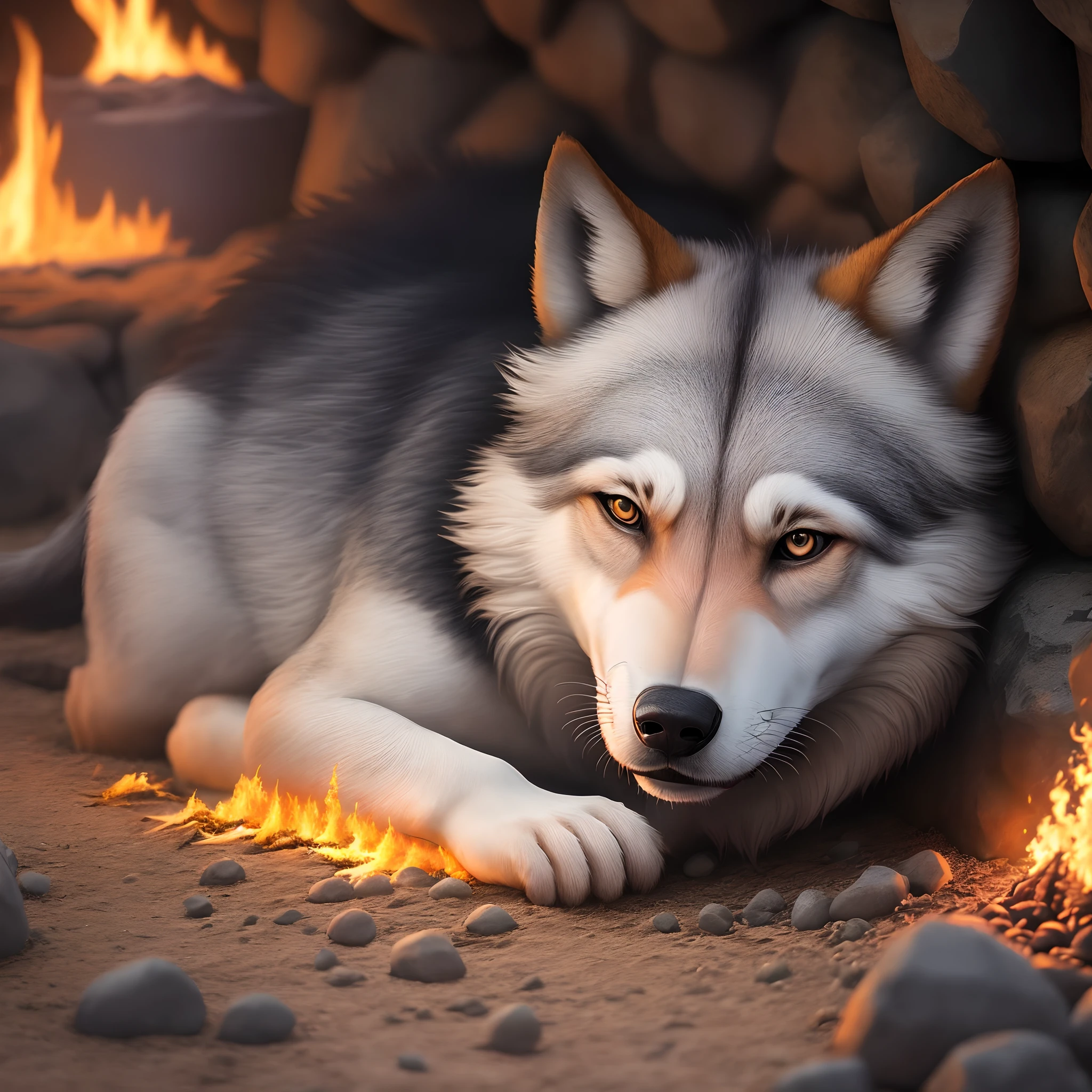 Crie um lobo em uma caixa de vidro, emergindo do fogo