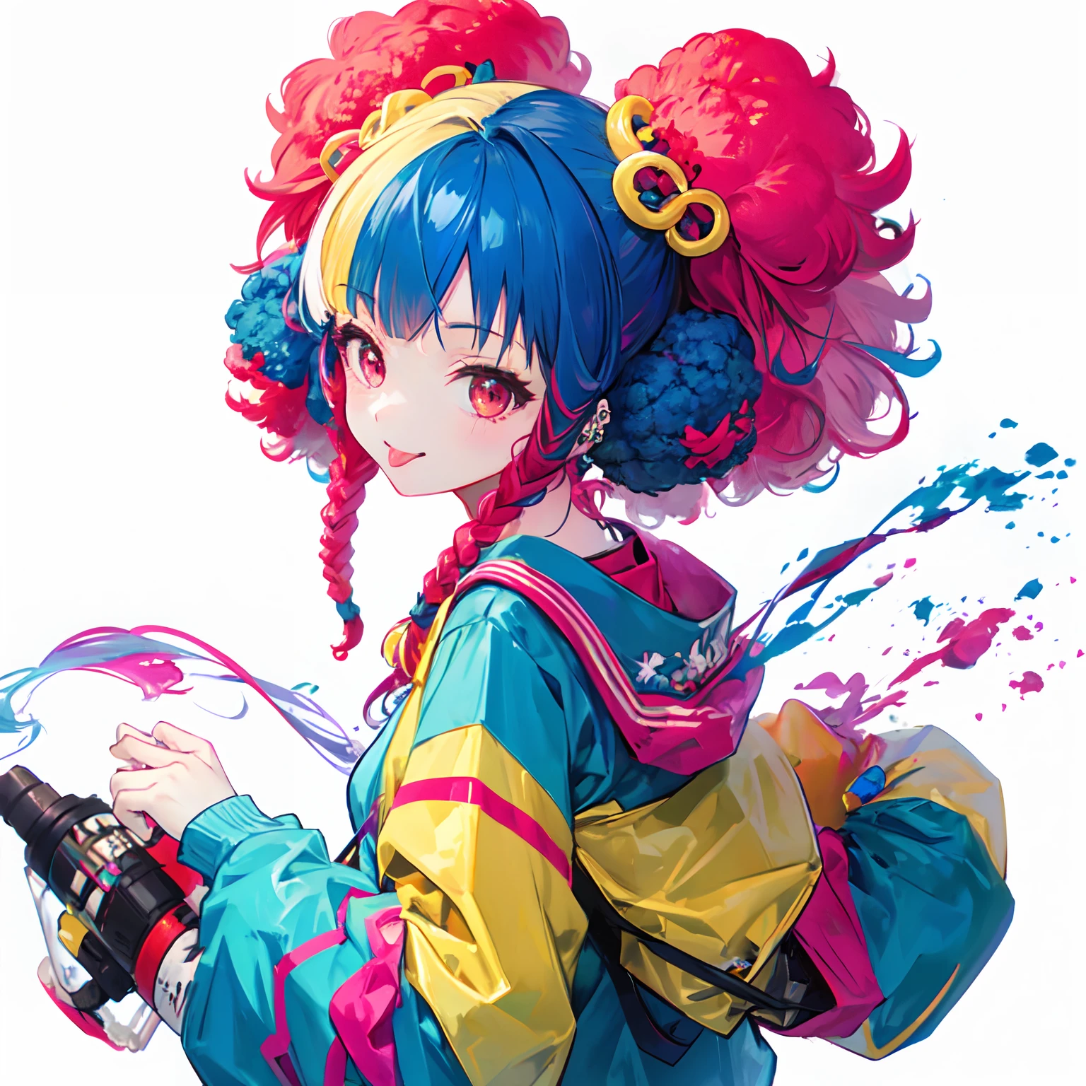 from side,solo,(afro:1.4),ponytail,drill hair,two side up,dreadlocks,hime cut,twintails,braid,(hair bun:0.7),(wavy multicolor hair:1.2),(smokeanywhere:1.4),smile,tongue,piercing