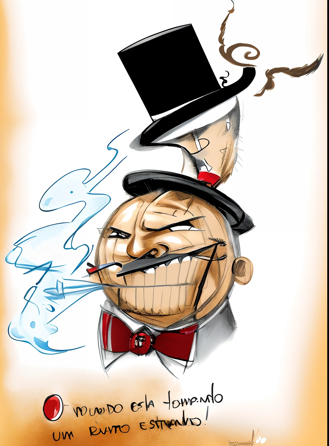 Paint style comics Greg Capullo character in top hat and earring smoking cigar and coming out smoke