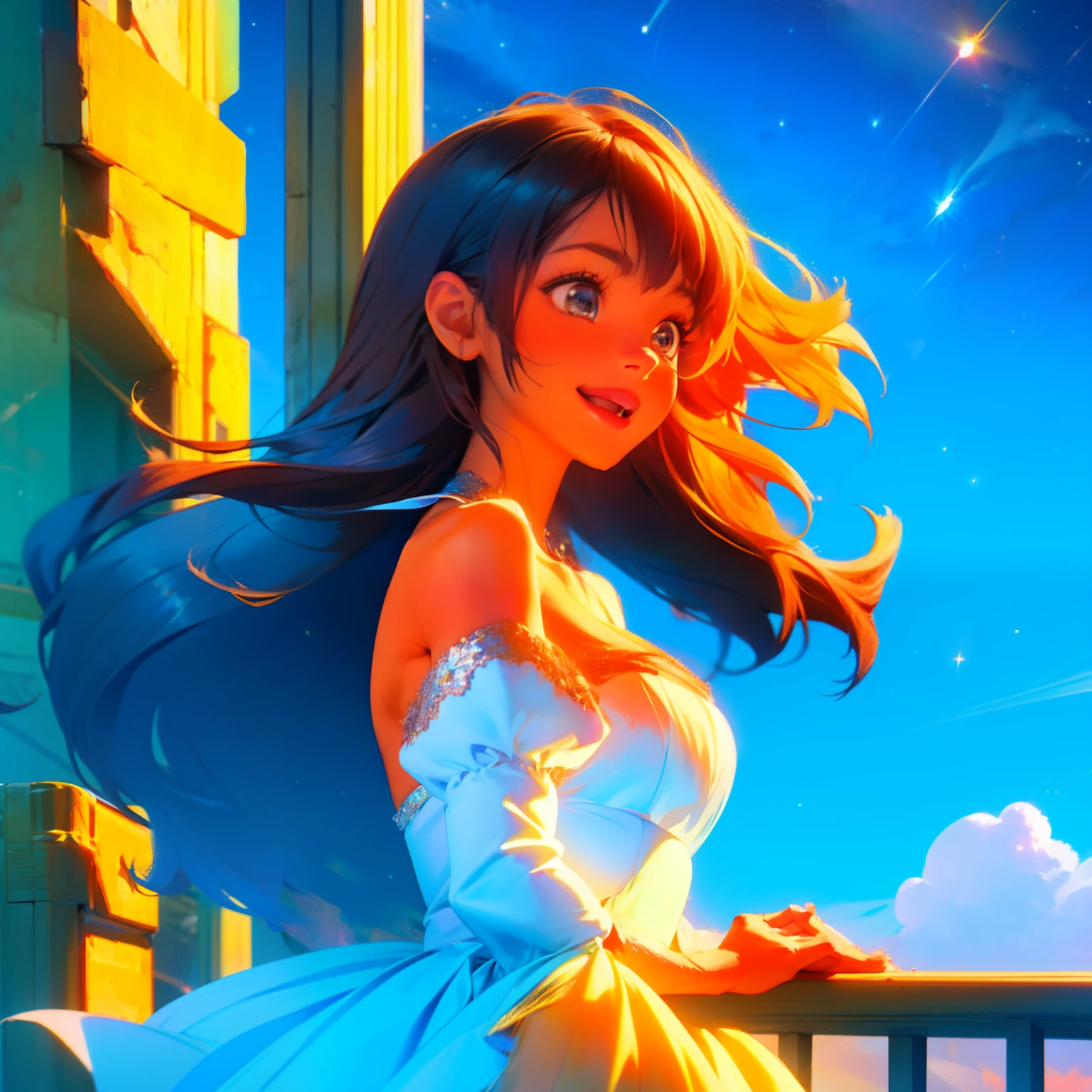 Girl in vivid sky embraced by twinkling stars、looking upwards、the wind、kirakira、Natural light、happy、kosmos、Upward、Dresses with protruding shoulders、glitter