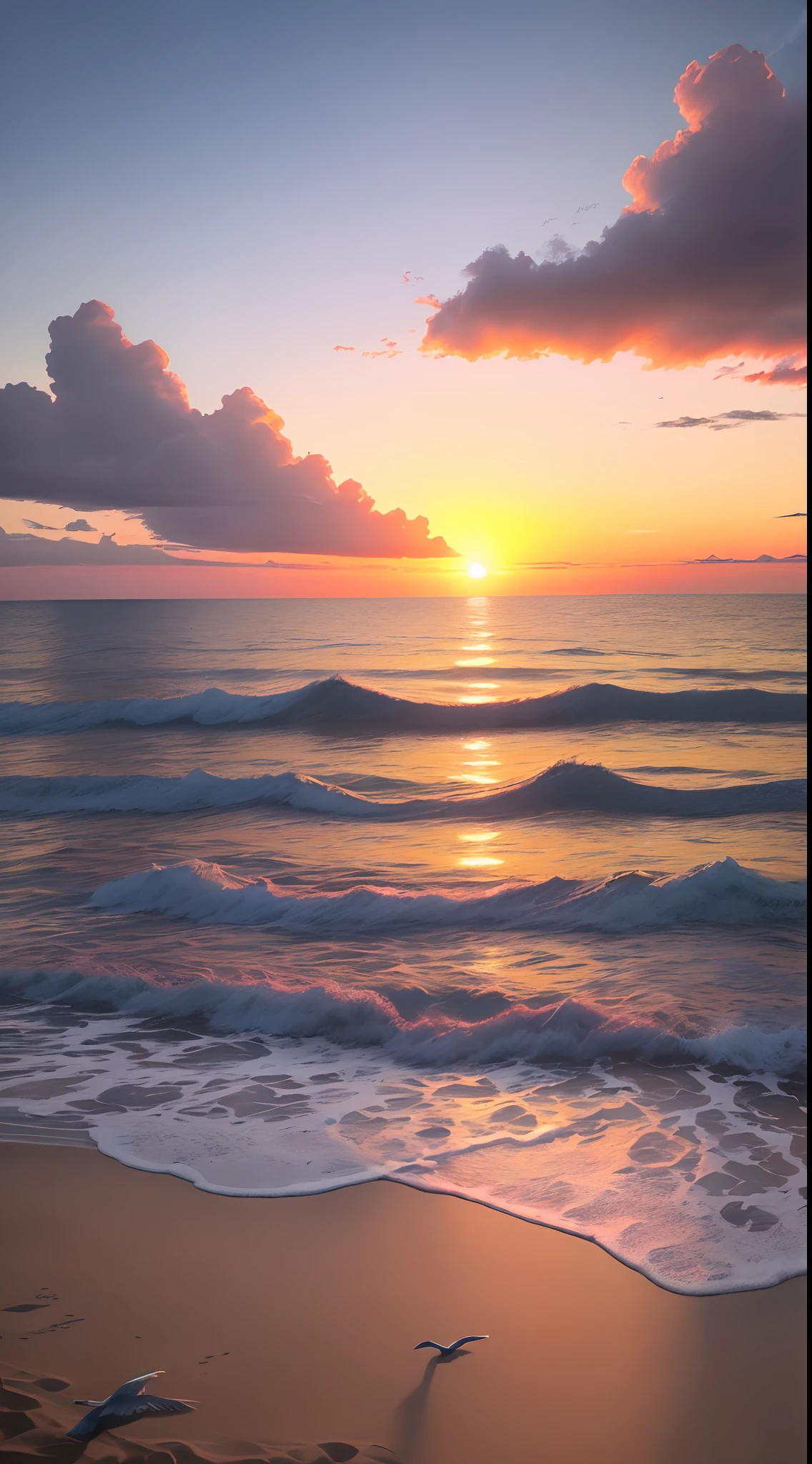 An absolutely mesmerizing sunset on the beach, with a mix of orange, pink, and yellow in the sky. The water is crystal clear, gently kisses the coast, and the white sand is endless. The scene is dynamic and breathtaking, with seagulls soaring high in the sky and palm trees swaying softly. Immerse yourself in the calm atmosphere and let the serenity surround you.