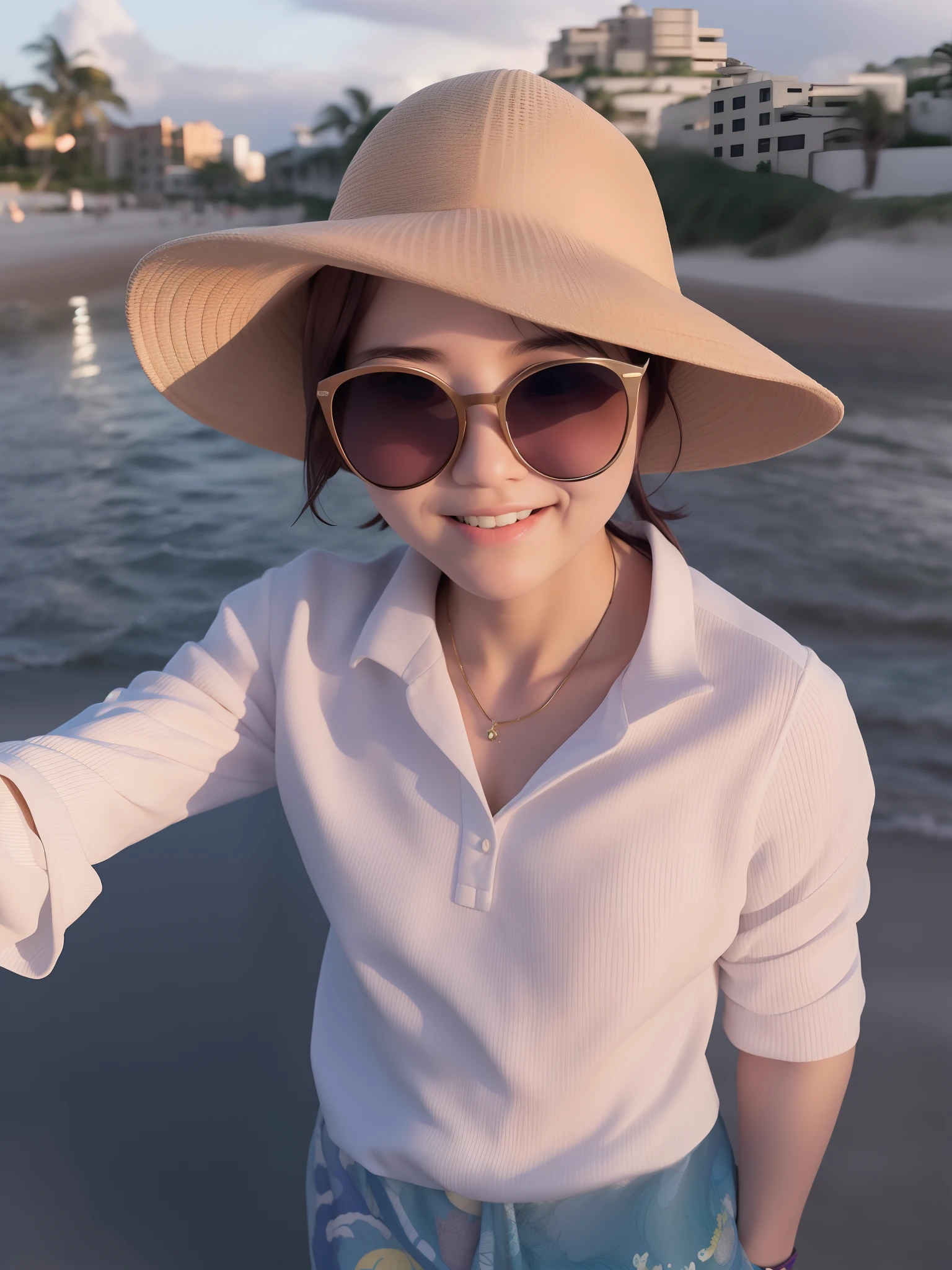 (Daisaku),(Need),(Super meticulous),(full bodyesbian:1.2),1girl,tchibi,adolable,ssmile,Open-mouthed,sea beach, Hats, on the beach, wearing a travel hat, with sunglass, The shirt,By bangs,brunette color hair (beautiful detailed face),(美丽细致的眼睛),