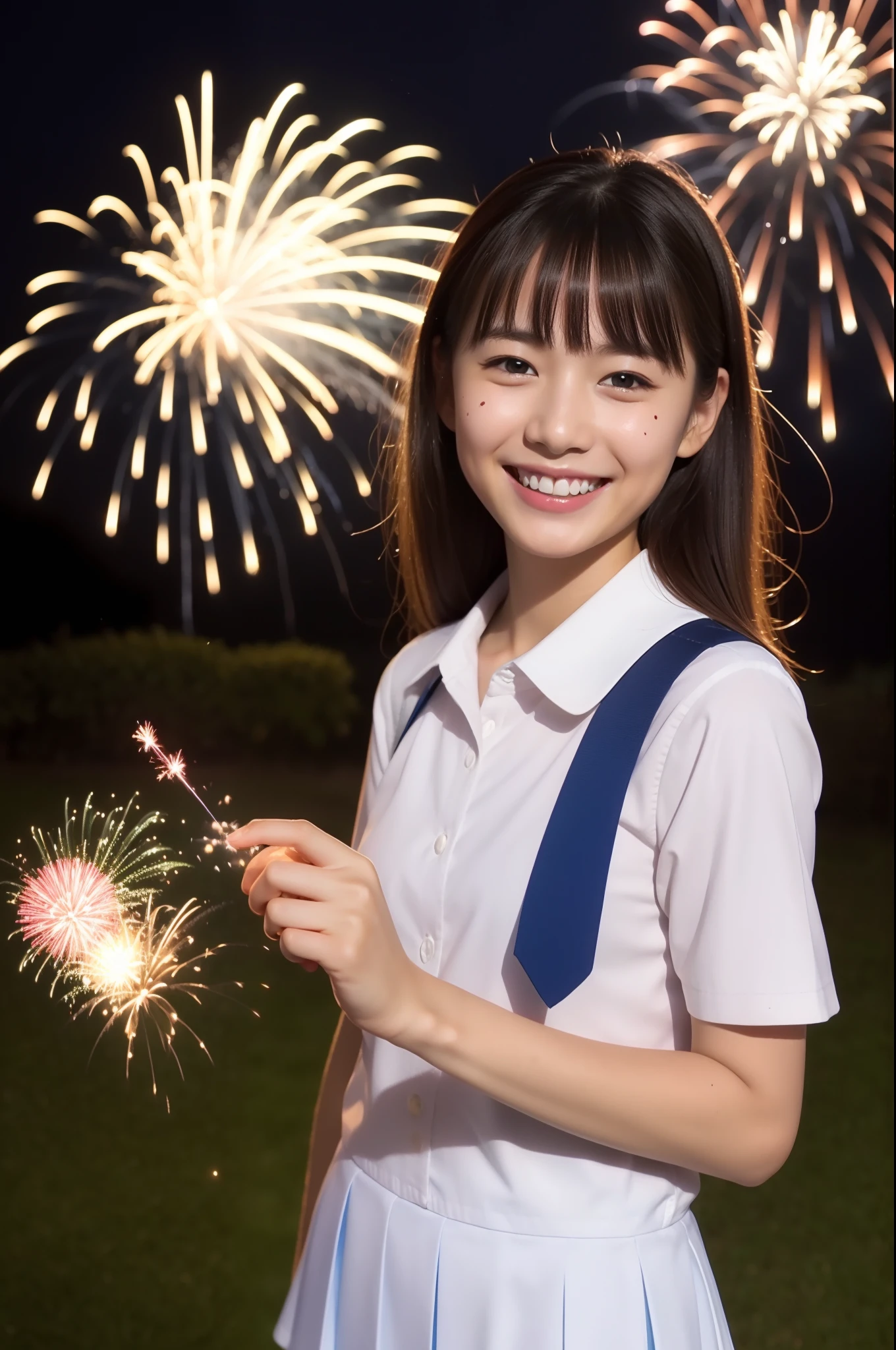 A smile、hi-school girl、While doing fireworks