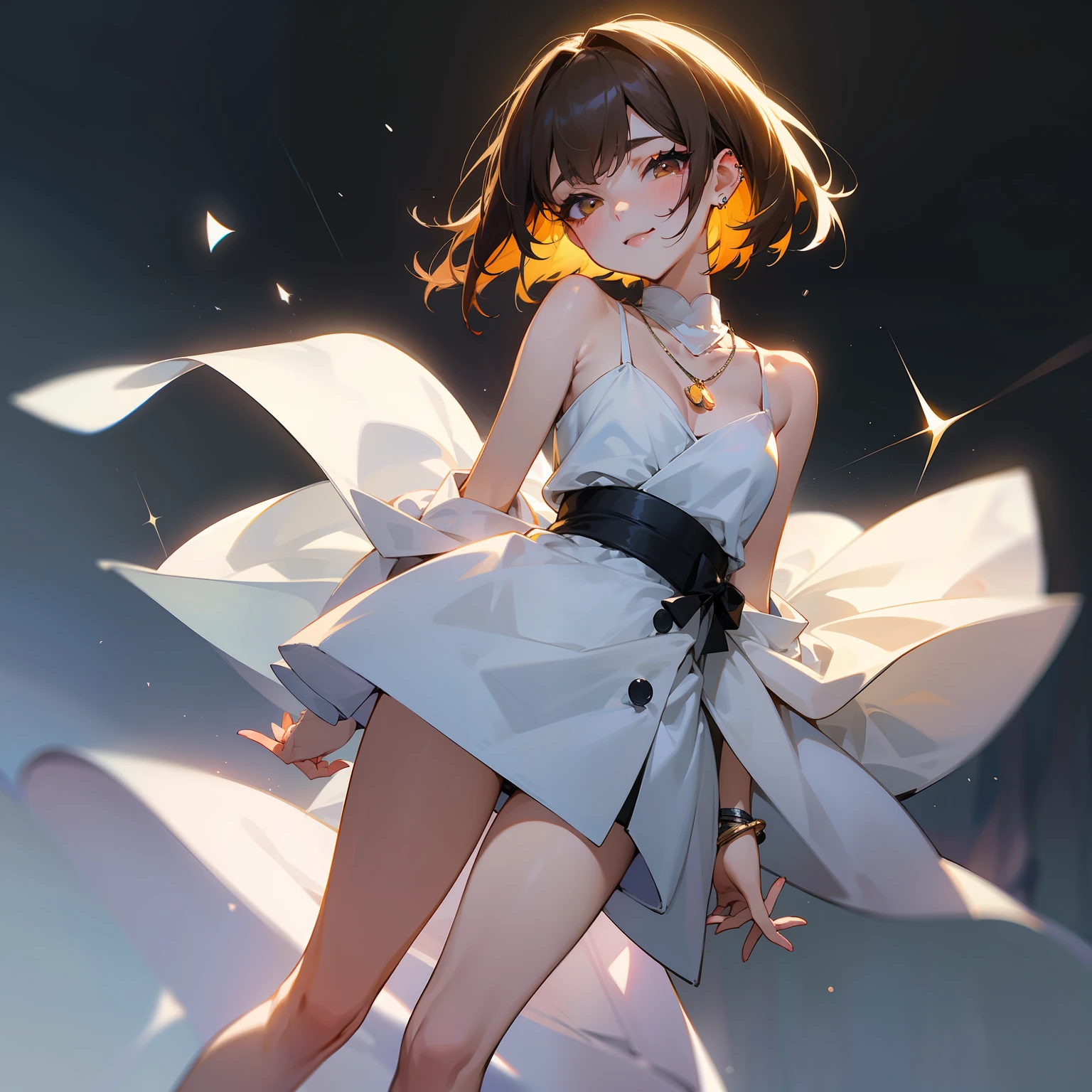 Physical Description:
1. stature: 160cm。Moderate body shape。
2. Hair color: Light brown。It feels a little brighter in the summer sun。
3. hairstyle on: Short Bob。The neck line looks neat,。
4. Eyes: pale brown。Features big eyes。
5. Skin: Light beige。Nice and clean、Makeup is natural makeup。
6. Distinctive clothing: Prefer simple dresses or flared skirts。On the day of the drinking party、Dress up a little and wear heels。
7. Other characteristics: One piercing in the ear。He wears a simple silver bracelet on his arm.。Pose Details:
1. Hand movements:
•right hand: Use your index and middle fingers、Shape a heart between your fingers。
•left hand: lightly touch your cheek、Emphasize a smile with your fingertips。
2. Eye movements:
•right eye: Wink lightly。To emphasize eyelashes、Firm eyeliner and mascara。
•left eye: Open your eyes wide and sparkle。Enhance the eye area with eyeshadow。
3. mouth:
•upper lip: Lightly pointed、Use gloss to give it a sexy look。
•lower lip: Plump、Add color with tints and lips。
4. Neck and head angle:
•head: Slightly stretched、Emphasis on the décolleté line。
•face: Tilt at a 45-degree angle to the camera、Create shadows。
5. hair movement:
• By letting your bob's hair flow back、Emphasizes the ears and neck。Let your fingers play with the strands of hair that fall over your ears。
6. Body Pose:
•backbone: Stretched、Creates elegance。
•foot: Take a step forward、Cutely emphasizes hip and thigh lines。
7. Overall feeling of facial expressions:
• Emphasizing confidence and femininity、Staring at the camera with a slightly indulgent smile。
8. Accessories and clothing:
•necklace: Choose something simple that gleams lightly around your neck。
•clothing: Choose a shoulder-off top、Emphasizes shoulder line and collarbone。