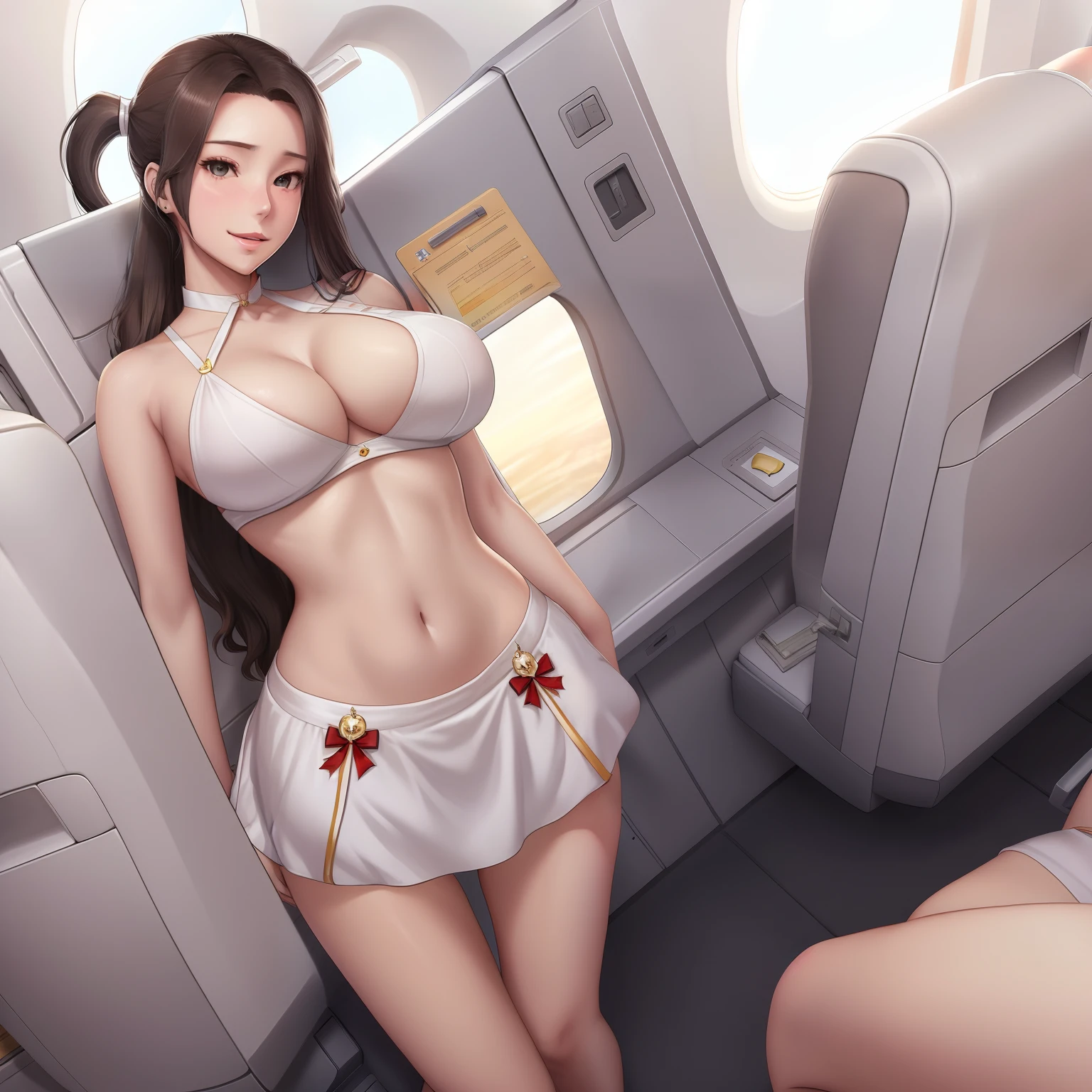 girl,Mercy,long ponytail brown hair,hair ornaments,he tall,sexy,super big breast,(P cup),age 17,stewardress on the plane,full body, mercy stewardress outfit,happy detailed face,in the plane,sexy pose standing on the plane,