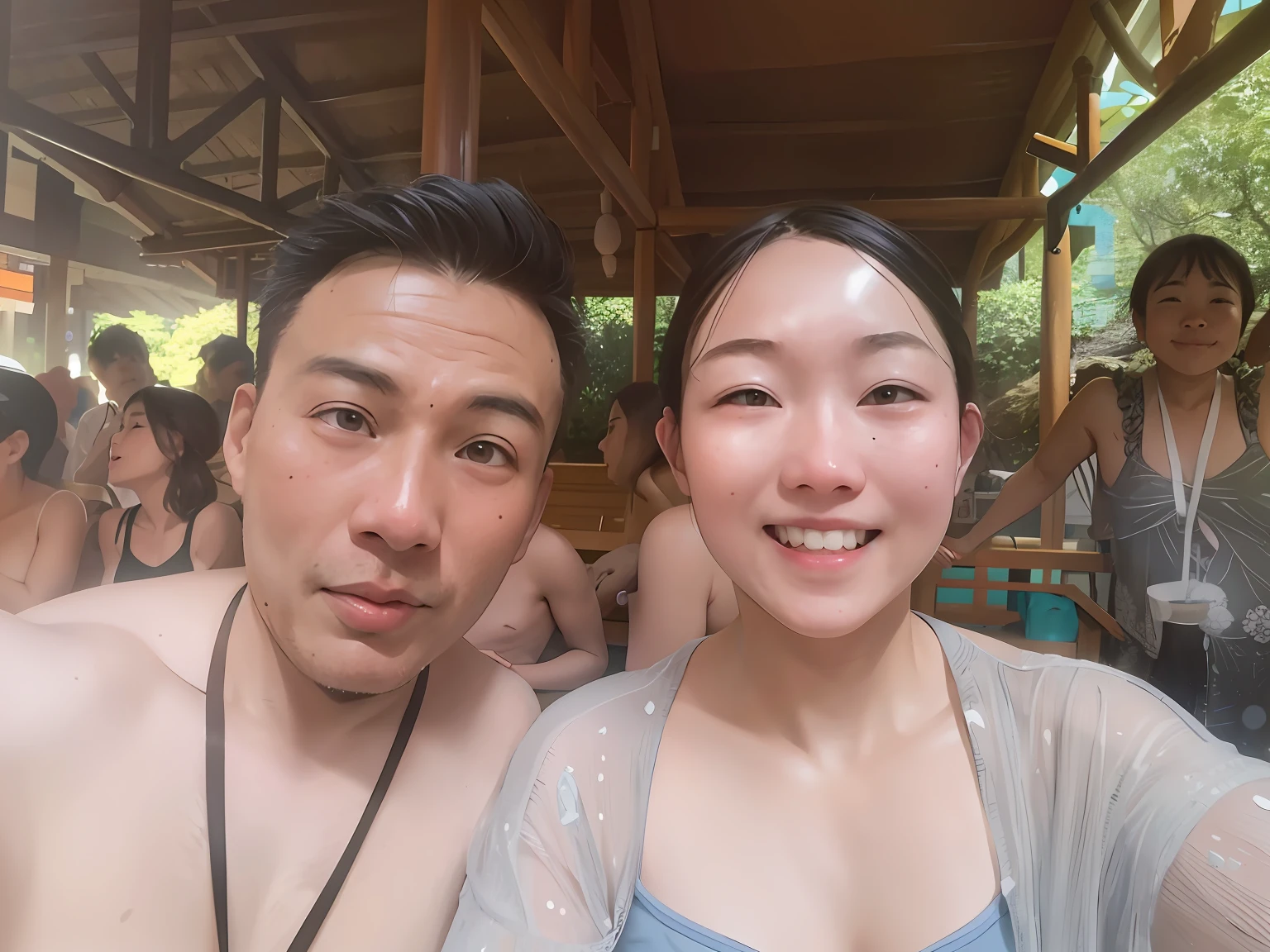 They pose for photos in front of the crowd, vacation photo, self-shot, Japanese onsen, wear a swimsuiti, 💕 🎀