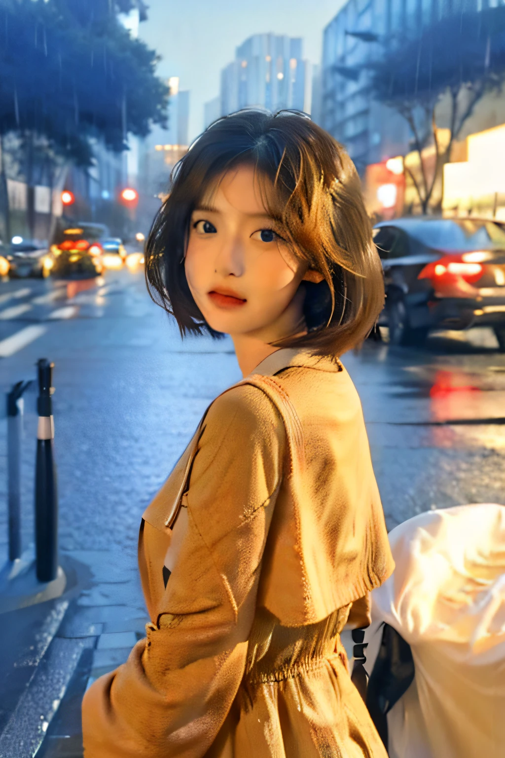 ((best qualtiy, 8k, tmasterpiece:1.3)), Focus:1.2, perfect figure beautiful woman:1.9, Cocked buttocks:1.2, ((Cut hair in layers:1.2)), , (Rain, Street:1.3), Bandeau Dress:1.1, Highly detailed facial and skin texture, A detailed eye, 二重まぶた,Whiten skin,long whitr hair,(with a round face:1.5)