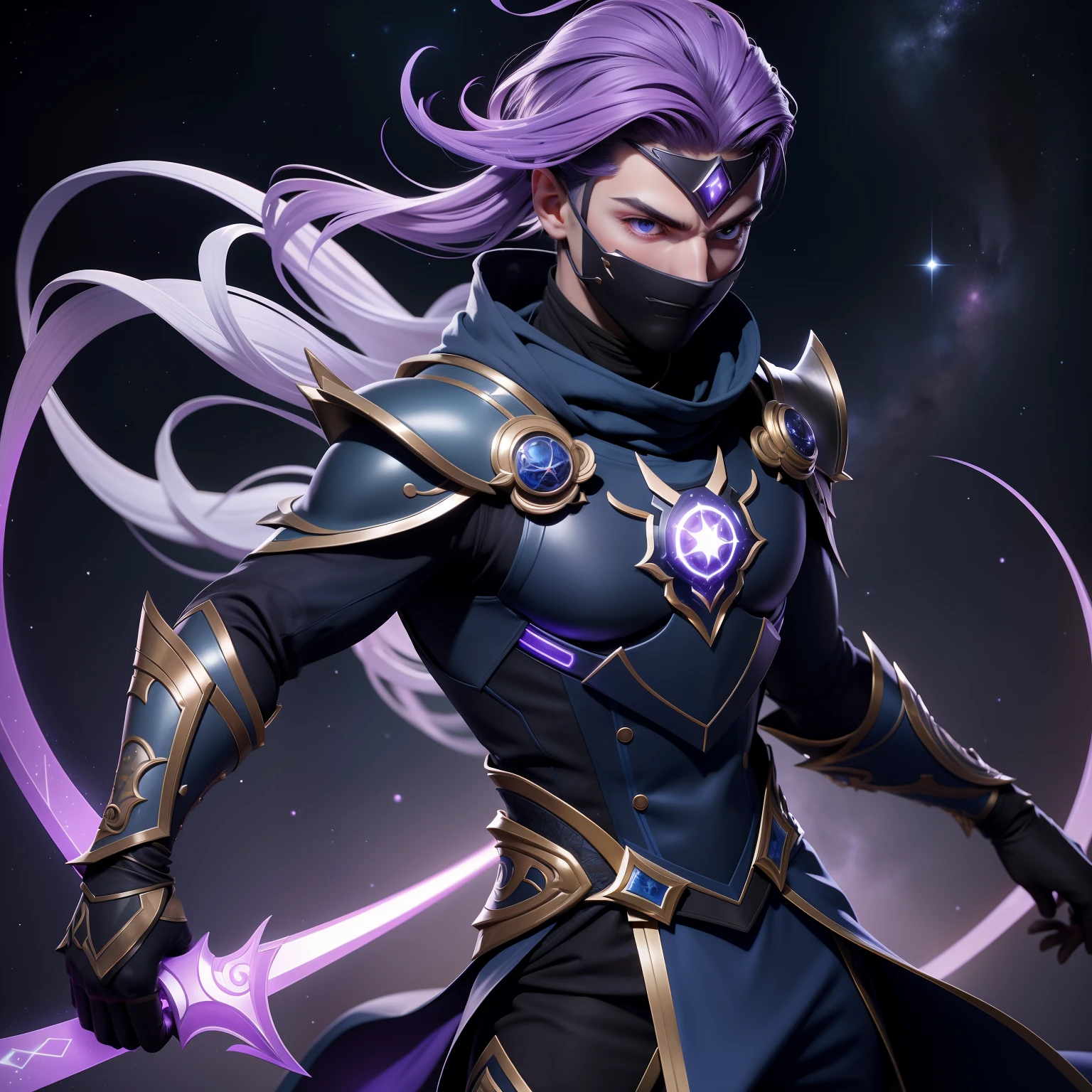 **Nome:** Kylar, o Ninja Estelar

**allure:** Kylar is a ninja of cosmic origin, whose appearance reflects the stars and outer space. Your skin is a pale tone, quase prateado, with small bright dots that look like constellations. His eyes are as deep and dark as the night space, mas irradiam uma aura misteriosa.

Ele veste um traje elegante e fluido, of a deep purple that resembles the glow of galaxies. O traje tem detalhes sutis que lembram estrelas cintilantes, and his mask is adorned with patterns reminiscent of distant nebulae.. Kylar carries with him a curved violet blade sword, que parece capturar a luz das estrelas.

His posture is gracile and silent, characteristics of a true ninja. Kylar moves with an almost ethereal fluidity, As if dancing among the stars. His gestures are precise and economical, mostrando uma maestria em suas habilidades de combate. He carries an aura of mystery and serenity, que contrasta com a intensidade de seus olhos.

Kylar's appearance is a unique representation of his cosmic origin and his ninja abilities. He is a warrior who dominates outer space, incorporating the elegance of the stars into his fighting style. His costume and presence reflect the mystery of the cosmos, while his violet sword cuts like a comet cutting through the sky.