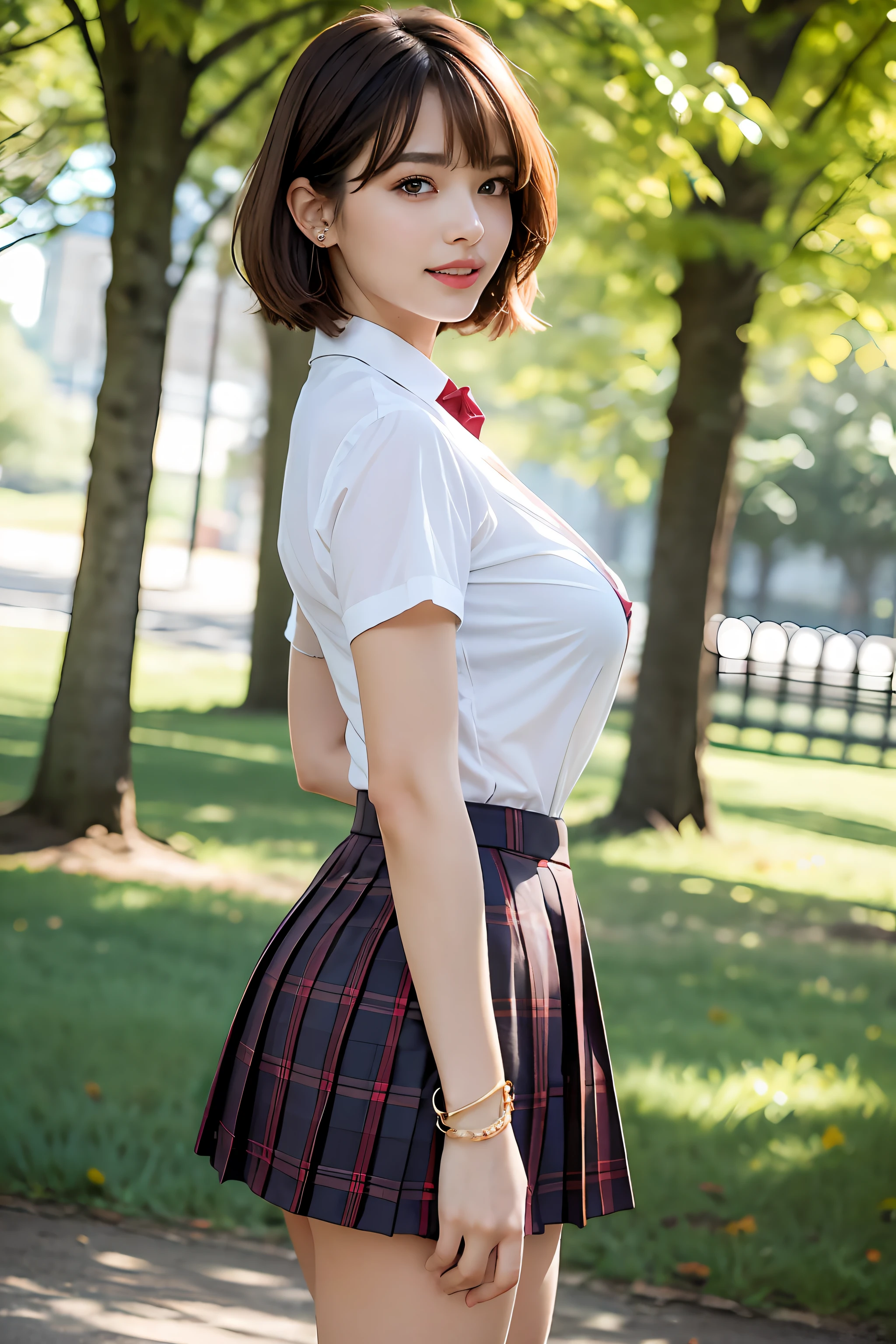 nsfw, 8K raw photo, Best quality, masterpiece, ultra high res, film grain, filmg, 1girl, looking at viewer, natural skin texture, realistic eye and face details, full lips, lipstick, (makeup), red eyeshadow, fluffy short hair, messy hair, smile, close mouth, beautiful legs, tall female, skinny, slim_legs, solo, enormous breast, cleavage, Pose with buttocks facing you, ultra short skirt, ass, shirt, beautiful nature location, around flower location, (detailed background), plaid skirt, white shirt, enormous breast, cleavage, Show a little cleavage through the shirt, loafers, blurry background, blurry, holding, plaid, short sleeves, jk ribbon on the neck, jk ribbon, brown hair, bracelet, water, bangs, school uniform, jewelry, parted lips, lips, from side, pleated skirt, depth of field