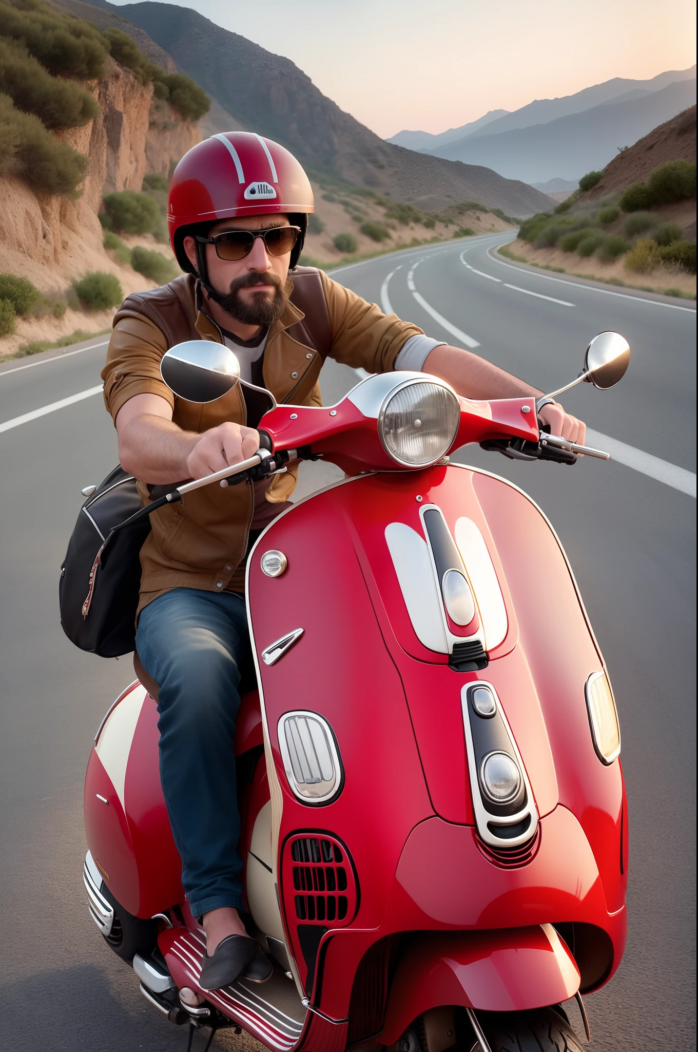 fotografia, ((foto realista)), 8k, ((hombre en una vespa roja)), en carretera detallada, hombre en una vespa, viajando con vista a la playa detallada, fondo atardecer, luz calida