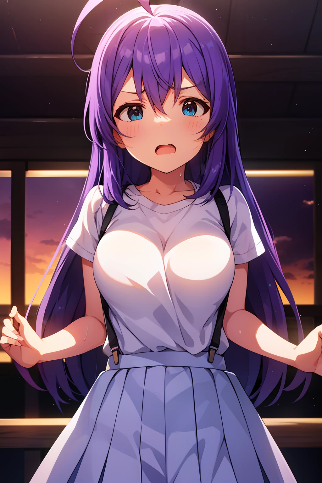 mochizuki anna,1girl in,Solo,Long hair,Purple hair,big breasts.Ahoge,Blue eyes.Short stature.white t-shirts.suspenders.Skirt.Evening glow.the setting sun.Despair face.Sweat.Opening Mouth.up chest.Fighting stance.