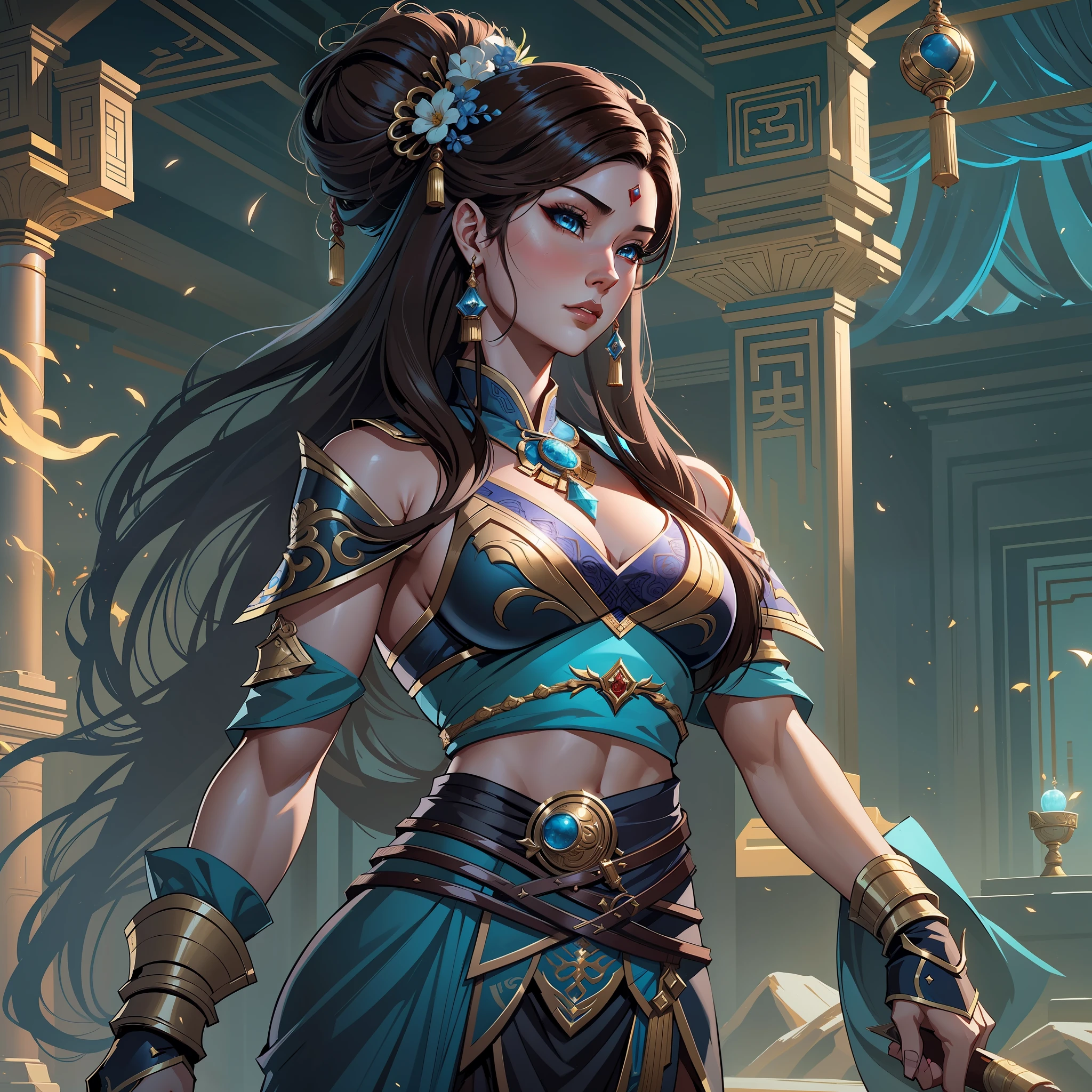 a close up of a strong amazon woman in her 30's, with hazel eyes and brown hair, wearing a blue and black belly dancer attire, a heroine with hazel eyes, female holding tonfa, mage with water magic, middle-eastern princess, standing in a chinese temple, new costume concept design, in the style of blade and soul, full body character concept, detailed character design, inspired by Yang Jin, inspired by Li Mei-Shu, chinese costume, inspired by Lan Ying, inspired by Sim Sa-Jeong, inspired by Li Tang, lunar themed attire, costume with blue accents, inspired by Ju Lian, colored concept art, highly detailed character design, highly detailed face, inspired by Ai Xuan, very highly detailed face, unreal engine render, final fantasy 14 style, inspired by Leng Mei