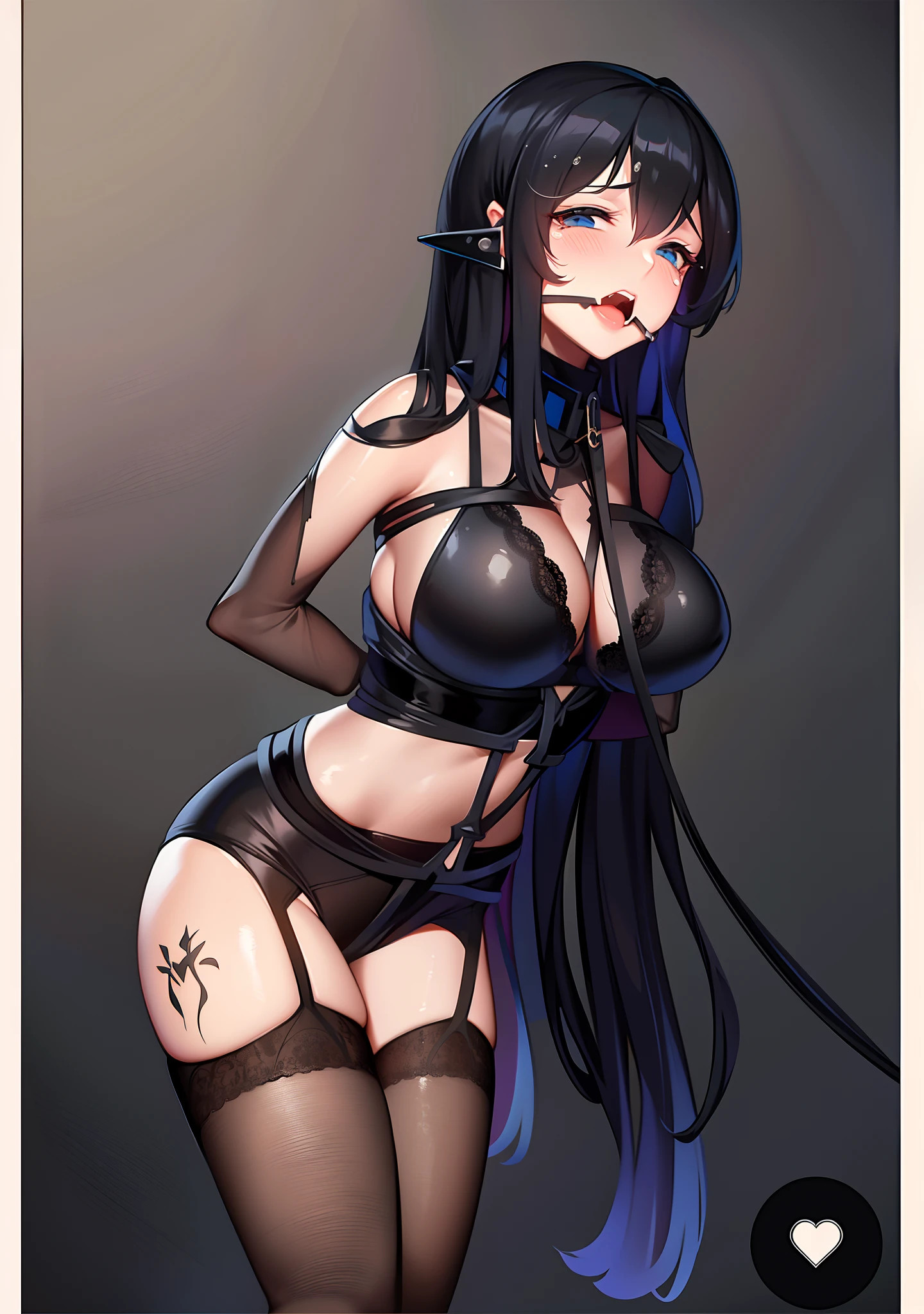 A beauty in stockings,Mature female,cabelos preto e longos,fearful expression,Tears in the eyes