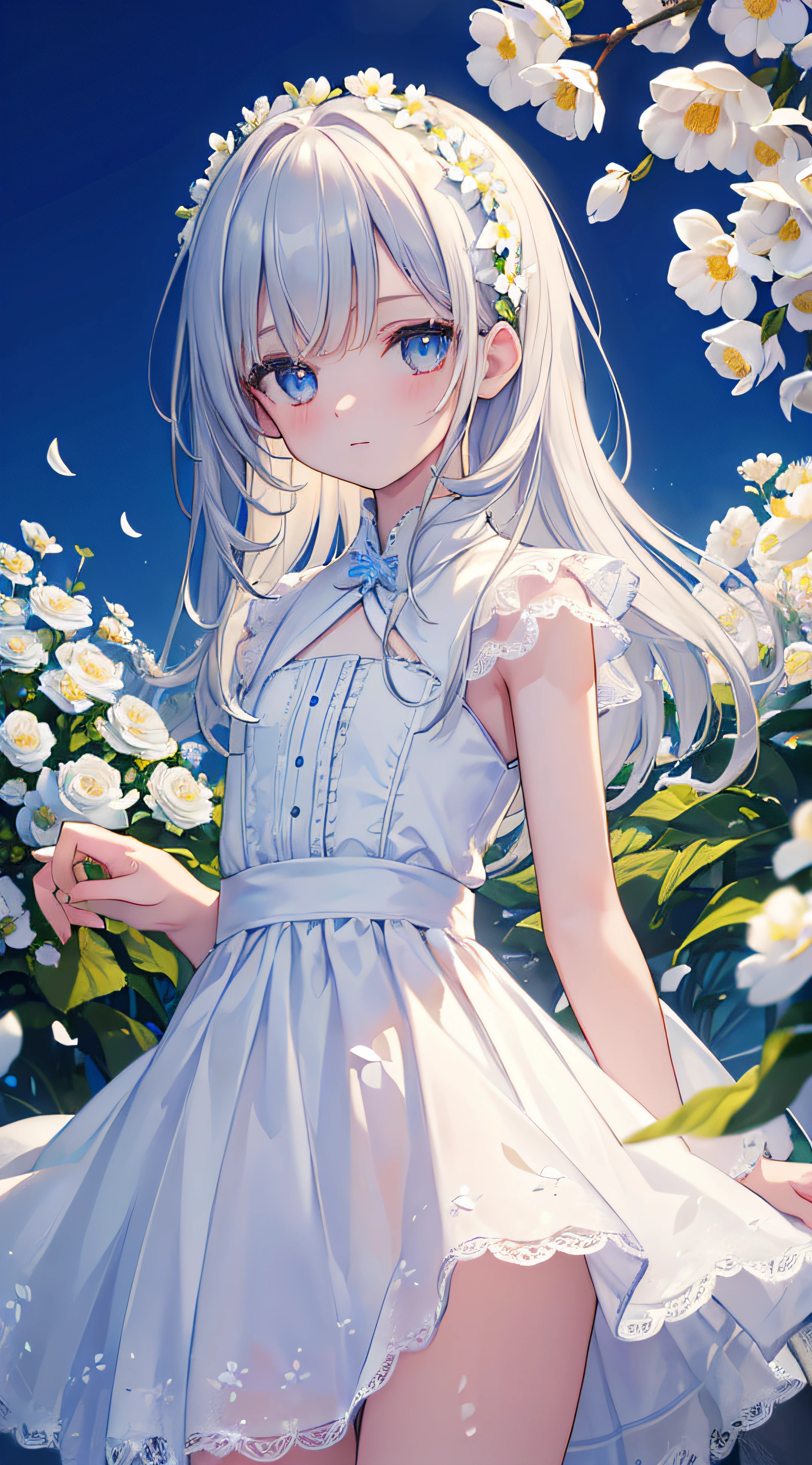 (masterpiece, best quality:1.6), white lace dress, cowboy shot, thighs, beautiful girl, (flowers, many small white petals:1.3), garden, blue sky, looking at viewer, small waist, official art, raw photo, incredibly absurdres, facelight, dynamic lighting, cinematic lighting, ultra realistic, highres, photography, sharp focus, highest detailed, extreme detailed, ultra detailed, finely detail, extremely detailed eyes and face