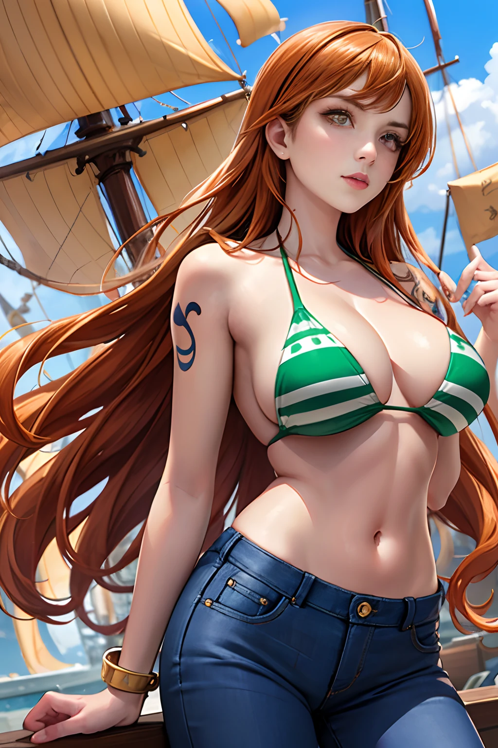 (((masterpiece+best quality+high resolution+ultra-detailed))), 1girl with clima-tact, Nami, long silky orange hair, high nose, sharp eyes, noble and inviolable temperament, (([female]: 1.2 + [beauty]: 1.2 + orange long hair: 1.2)), pirate ship background, blue sky, clouds, log pose, gold bracelets, revealing green and white bikini halter top, tight low-rider jeans, shoulder tattoo, bright eyes, dynamic angle and posture.