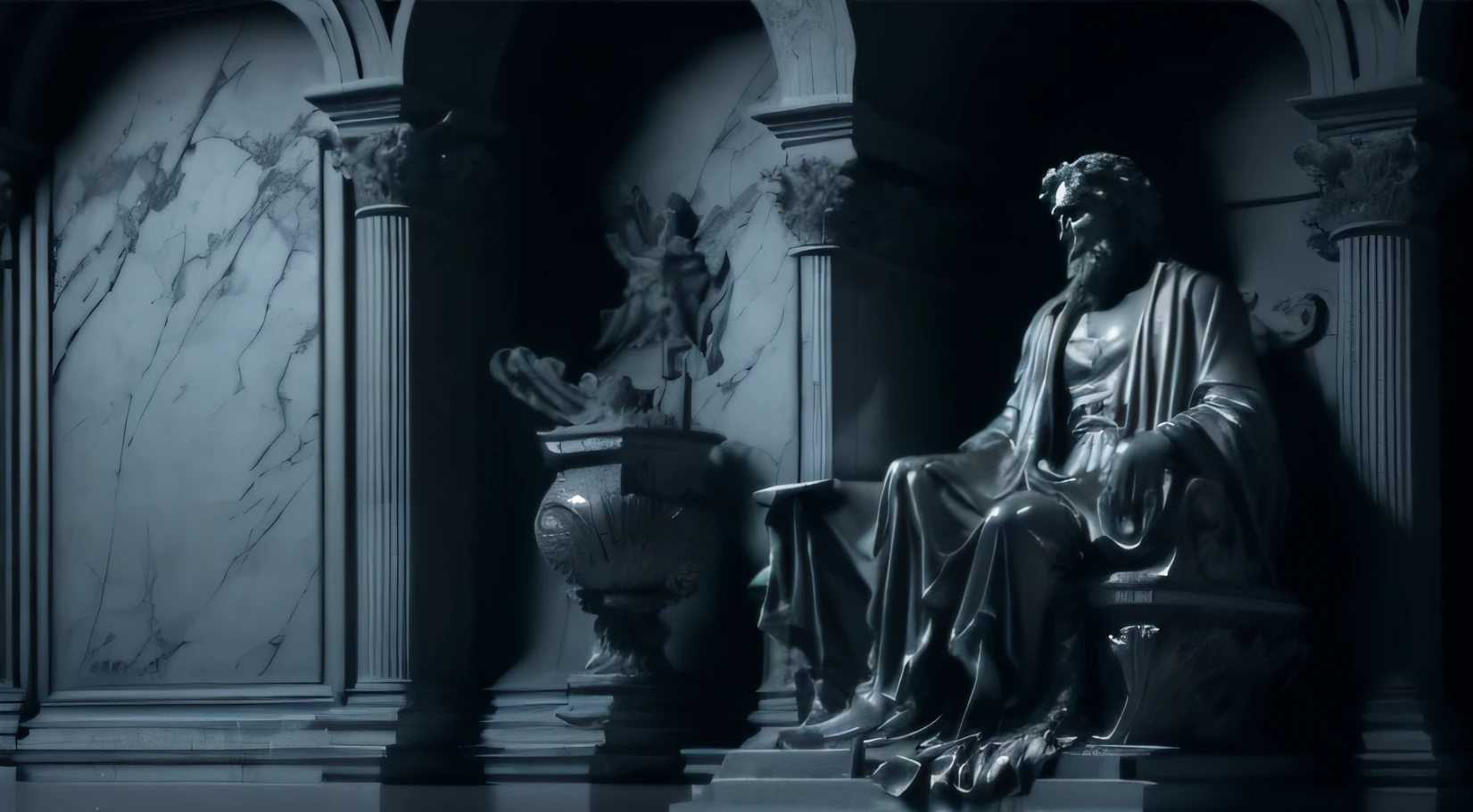A closeup of a statue of a man sitting on a bench, Escultura realista de 8K Bernini, Houdini VFX, baroque vaporwave statue, some marble statues can be seen, renderização vfx hiperrealista, global ilumination. VFX, cinema 4d cinematic render, classical statue, Divino e estoico, cena vfx altamente detalhada, hyper - realistic vfx render