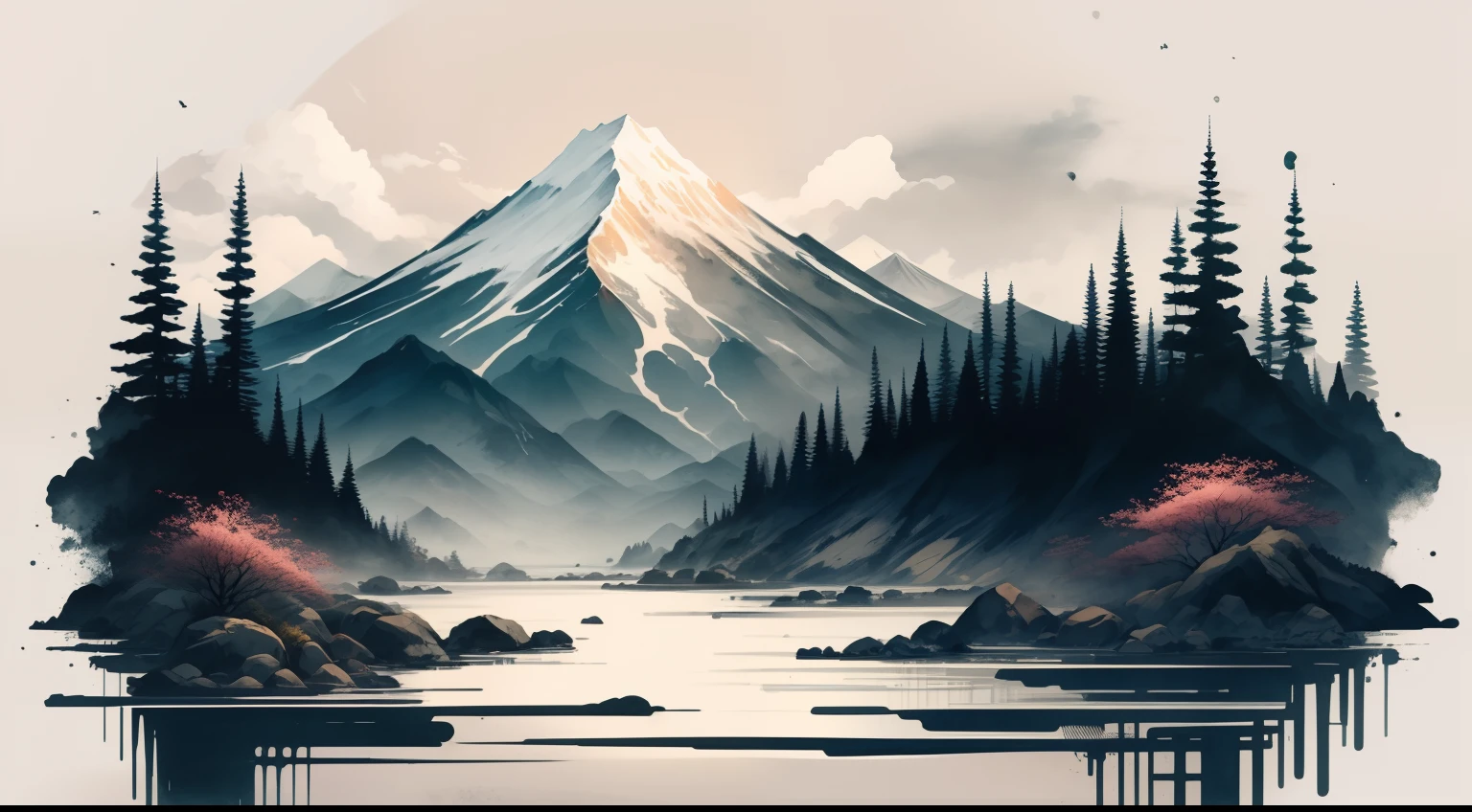 ink and watercolor painting,There are mountains,There are rivers,There are trees,scenic view