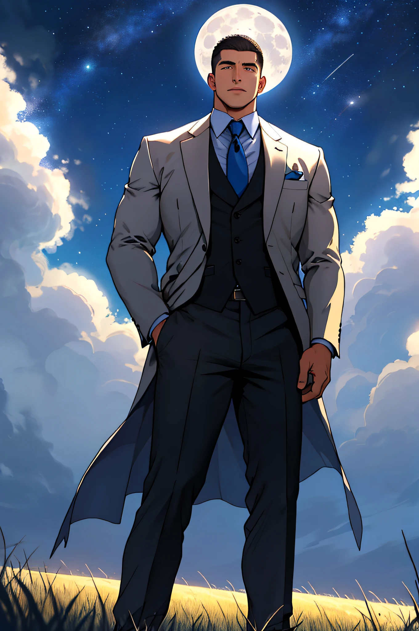 Draw a full-fledged footballer，Standing on the steppe at night，He wears a high-end suit，The man looks confident and determined，looking-down，Crew cut，full bodyesbian，Stars dot the sky，shooting from below，Big moon highlights background