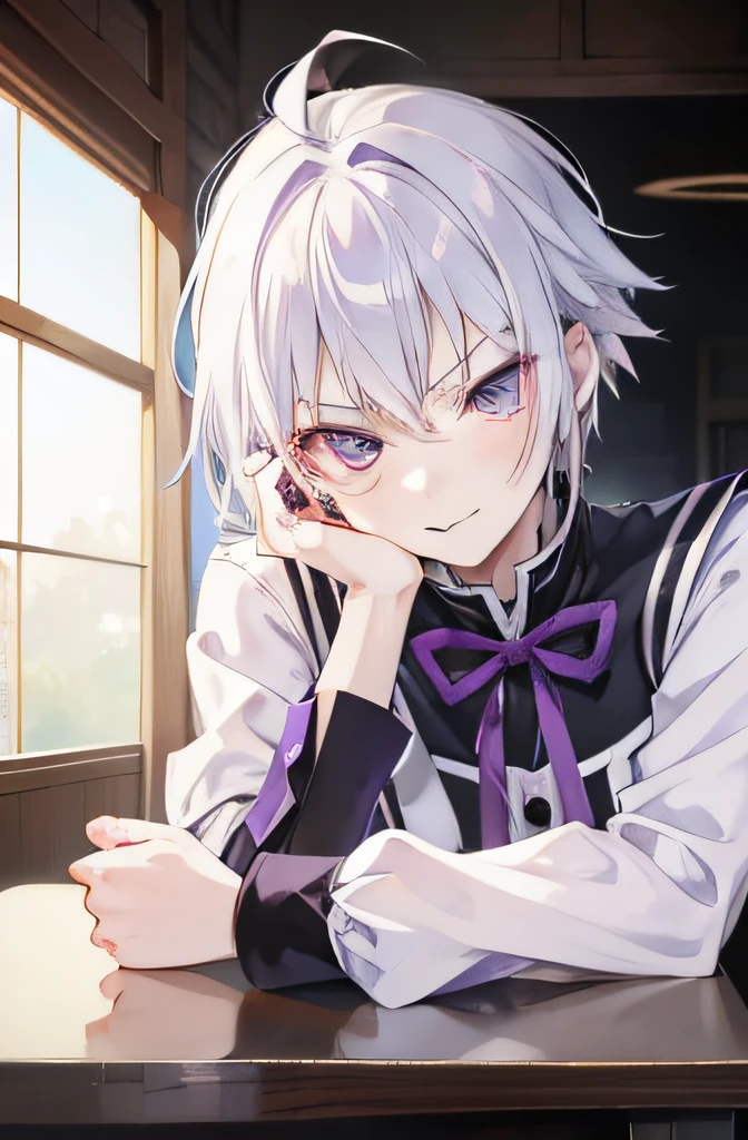 anime boy with white hair and purple eyes leaning on a table, makoto, anime moe artstyle, rin, close up iwakura lain, made with anime painter studio, smooth anime cg art, makoto shinka, slightly happy facial expression, shinkai makoto, 8k!, konosuba anime style, roguish smirk