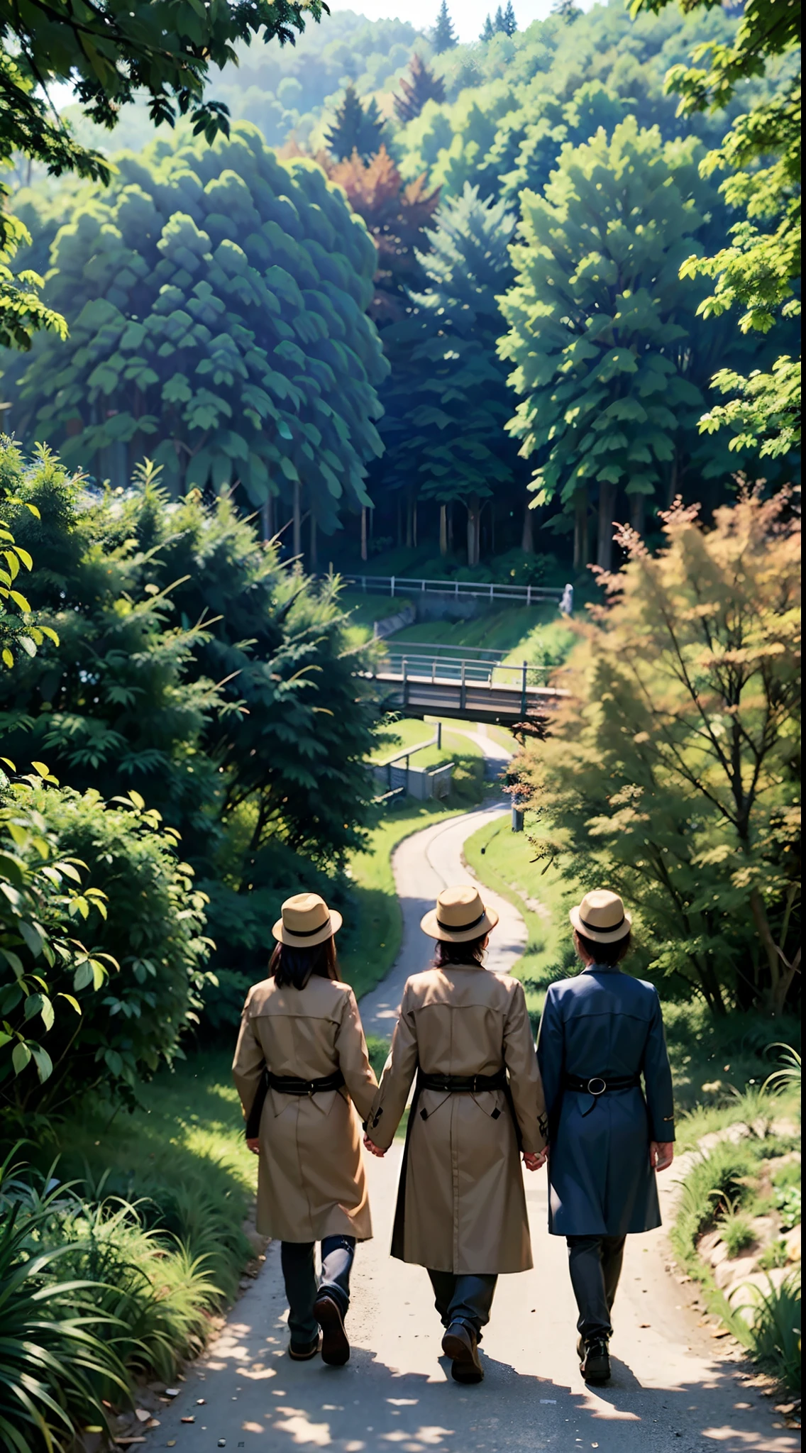 autumnal,Several old people,wearing a trenchcoat,With a hat on,Walk the winding roads of the countryside,Large clouds,blue-sky,ln the forest,Red maple,falling leaf,flying birds,chrysanthemums,hillside,Quiet,Rustic,high definition detail、Hyper-detailing、cinematic ligh、ultra-realistic realism、Soft light、Deep field focus bokeh、Ray tracing and surrealism,from behind,from above