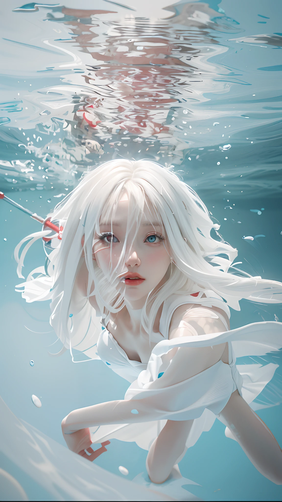 Blonde woman wearing white swimsuit,Holding a red umbrella, white hair floating in air, Tifa Lockhart with white hair, Flowing white hair, Guviz-style artwork, Guviz, underwater photo, Anime style mixed with Fujifilm, Anime girl cosplay, Under water, ciri, underwater shot, floathing underwater in a lake, underwater looking up, Underwater