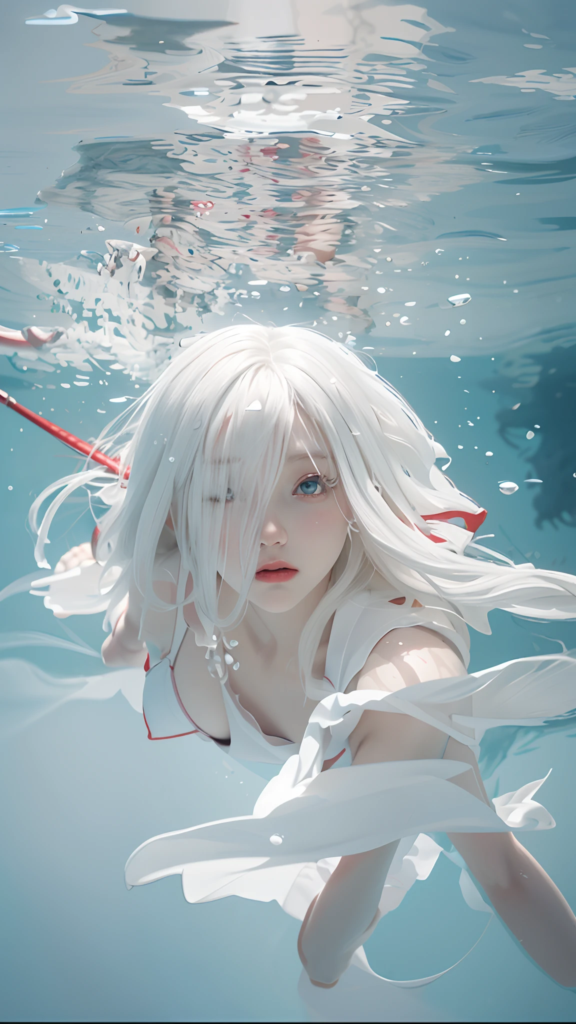 Blonde woman wearing white swimsuit,Holding a red umbrella, white hair floating in air, Tifa Lockhart with white hair, Flowing white hair, Guviz-style artwork, Guviz, underwater photo, Anime style mixed with Fujifilm, Anime girl cosplay, Under water, ciri, underwater shot, floathing underwater in a lake, underwater looking up, Underwater