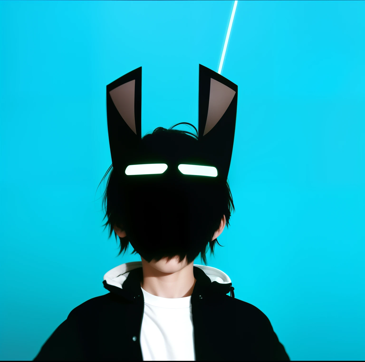 1boy, slightly short hair, dark brown hair color, some strands of gray hair, wearing a black rabbit mask with white eyes without a mouth covering half of his face, black jacket with the lightning logo on his left, with a white shirt, cream skin, realistic, ultra detail, 70mm lens ,