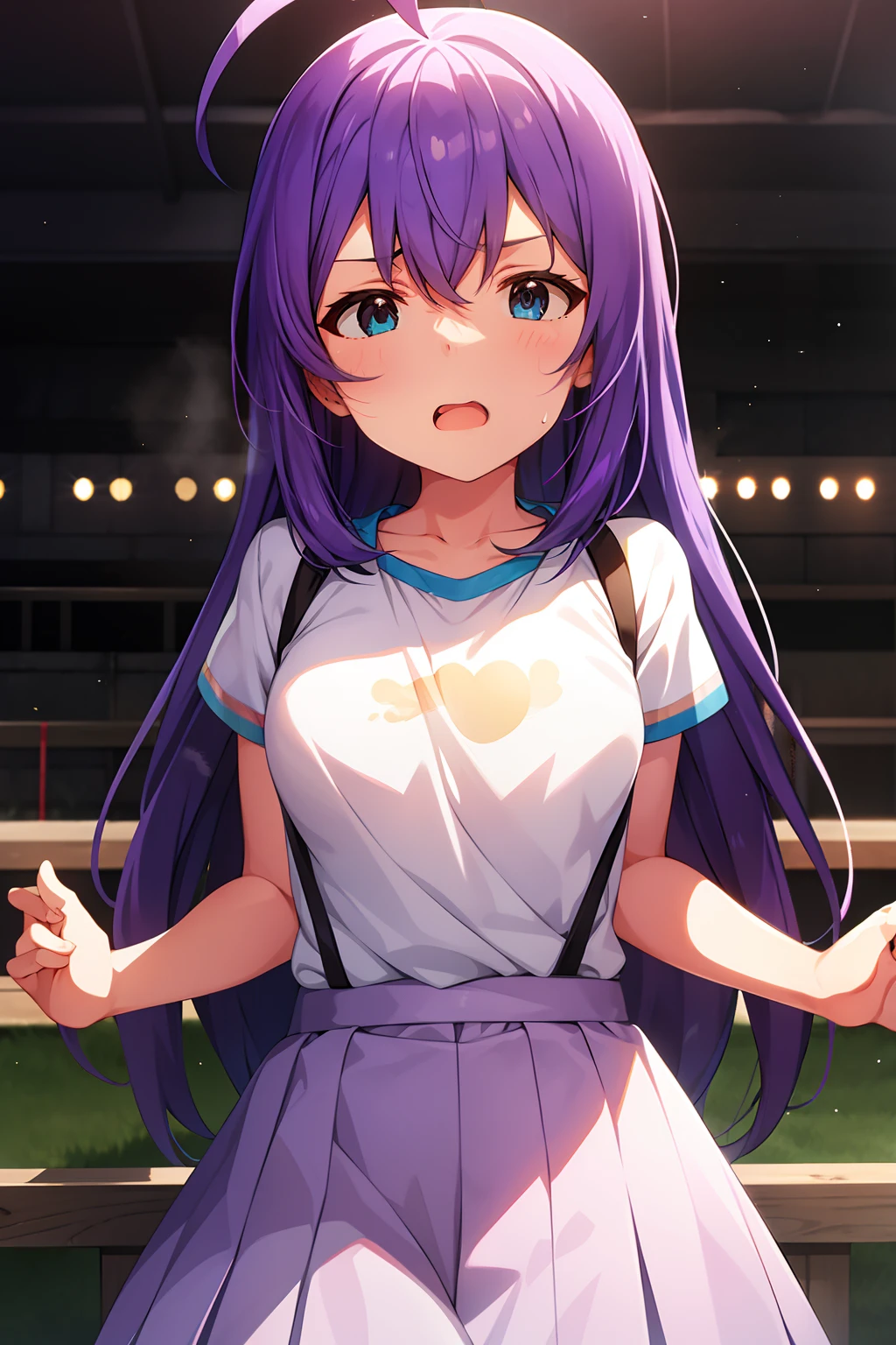 mochizuki anna,1girl in,Solo,Long hair,Purple hair,Medium chest.Ahoge,Blue eyes.Short stature.white t-shirts.suspenders.Skirt.Evening glow.the setting sun.Despair face.Sweat.Opening Mouth.up chest.Fighting stance.