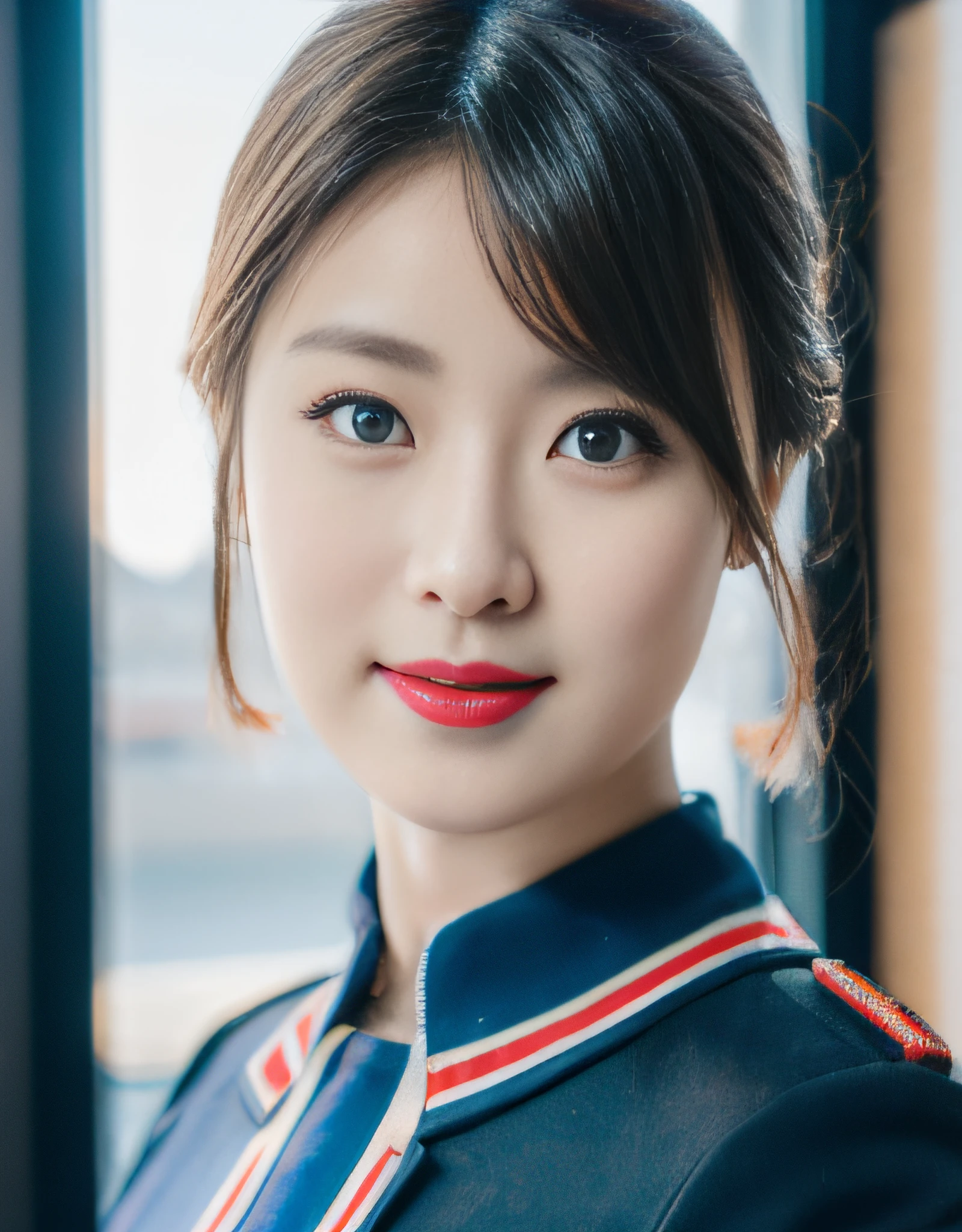 Korean female aviator in 20s, blonde updo, crimson lipstick, dark blue uniform, tan tights, welcoming passengers aboard, huge size, detailed face. (8K, Best Quality: 1.2), (Masterpiece, Photorealistic: 1.3), Super Detail, anatomically correct