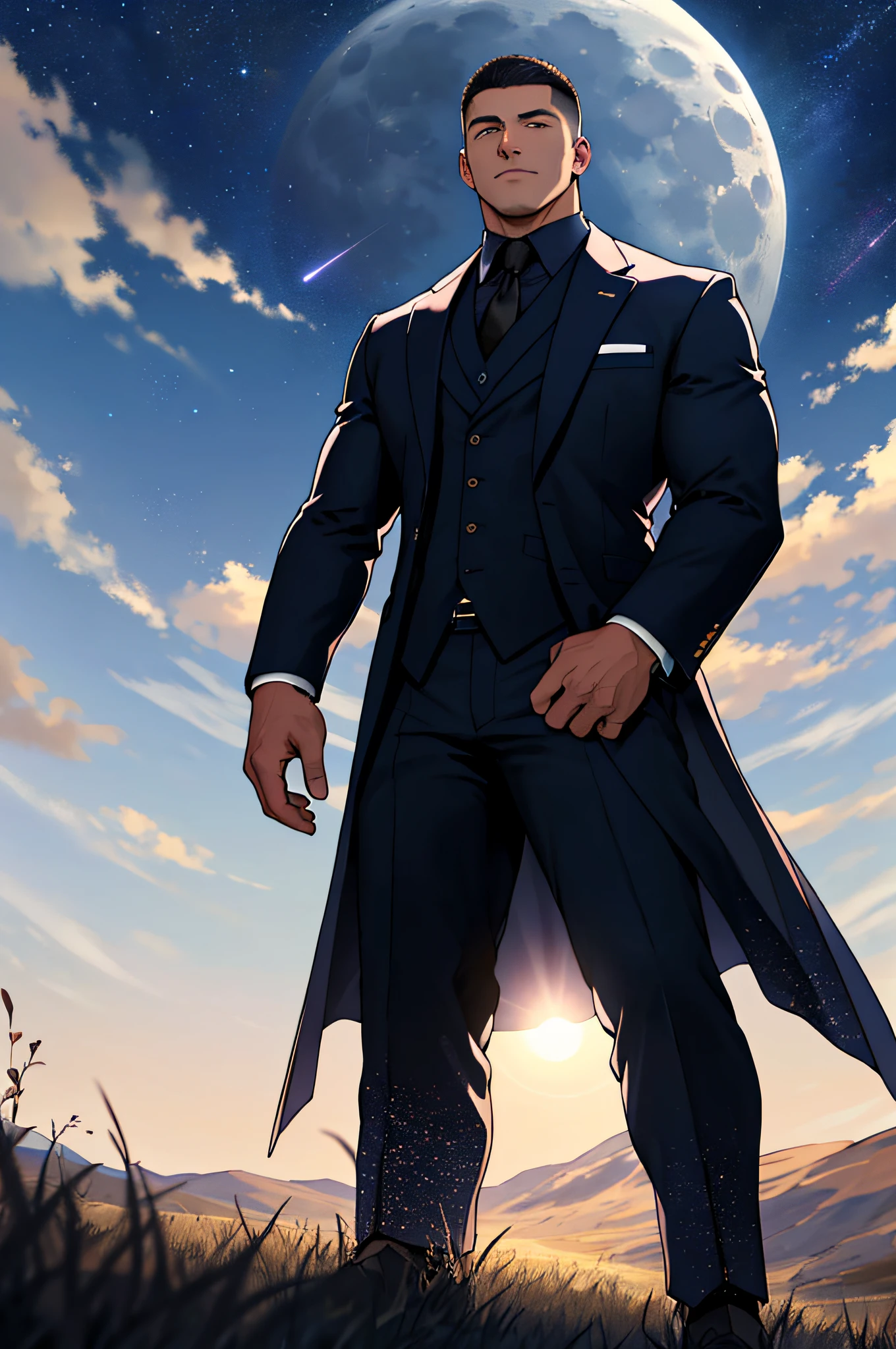 Draw a full-fledged footballer，Standing on the steppe at night，He wears a fancy suit，The man looks confident and determined，looking-down，Crew cut，full bodyesbian，Stars dot the sky，shooting from below，Big moon highlights background