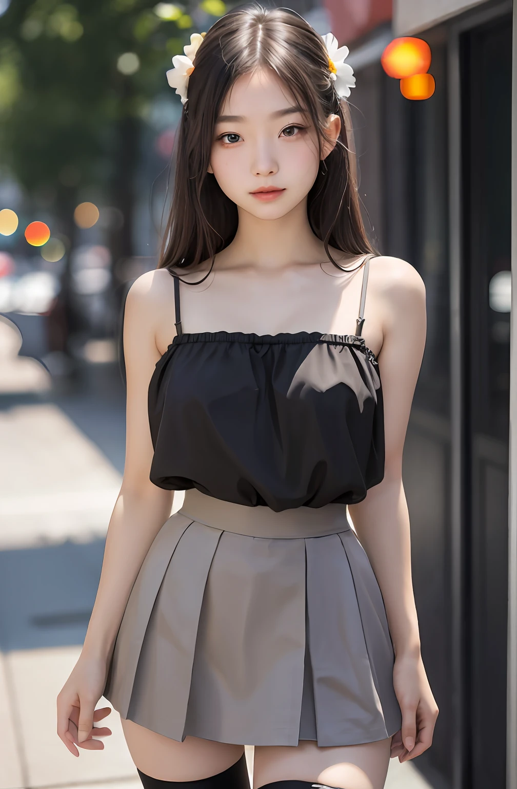 1girl, cute, 16 years old, seductive expression, look at viewer, spaghetti strap top ,high waist skirt, photo, realistic, best quality, hires, detailed face, detailed background, diffused lighting, depth of field, bokeh, thighhighs
