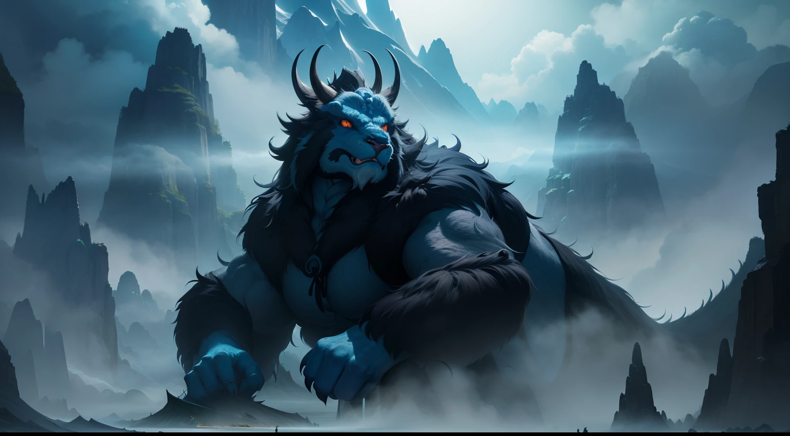 Giant fear, A group of strange animals, Ancient Chinese mythical beasts, mountain ranges, Cloud fog, Size contrast, Top-down composition, Black and dark blue tones, Thick dark clouds, realistic detail, mistic, immensity, ancient Chinese style mythology, religion, Mountain and Sea Sutra mythology、Cinematic texture、cinematric light, Super detail, k hd