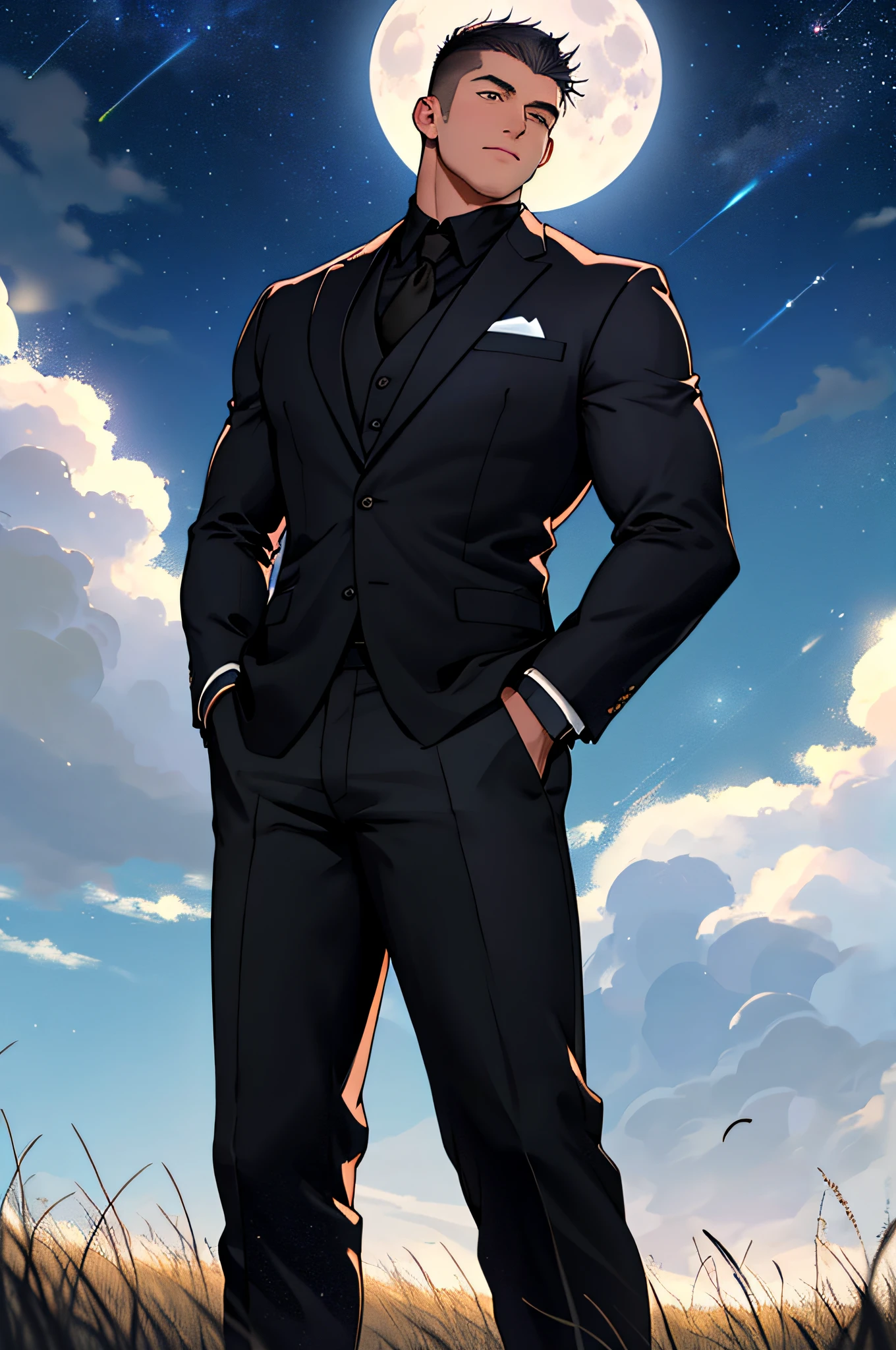 Draw a full-fledged footballer，Standing on the steppe at night，He wears a fancy suit，The man looks confident and determined，looking-down，Crew cut，full bodyesbian，Stars dot the sky，shooting from below，Big moon highlights background