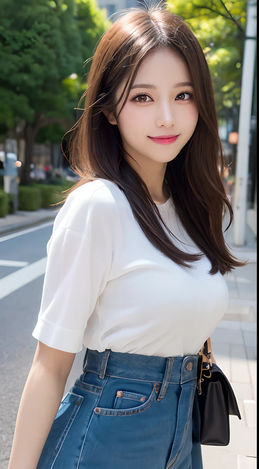masutepiece, Best Quality, Illustration, Ultra-detailed, finely detail, hight resolution, 8K Wallpaper, Perfect dynamic composition, Beautiful detailed eyes, doress,Medium Hair, Big breasts, Natural Color Lip, Random and sexy poses,Smile,Aoyama Street Walk、Fashionable summer clothes、20 years girl