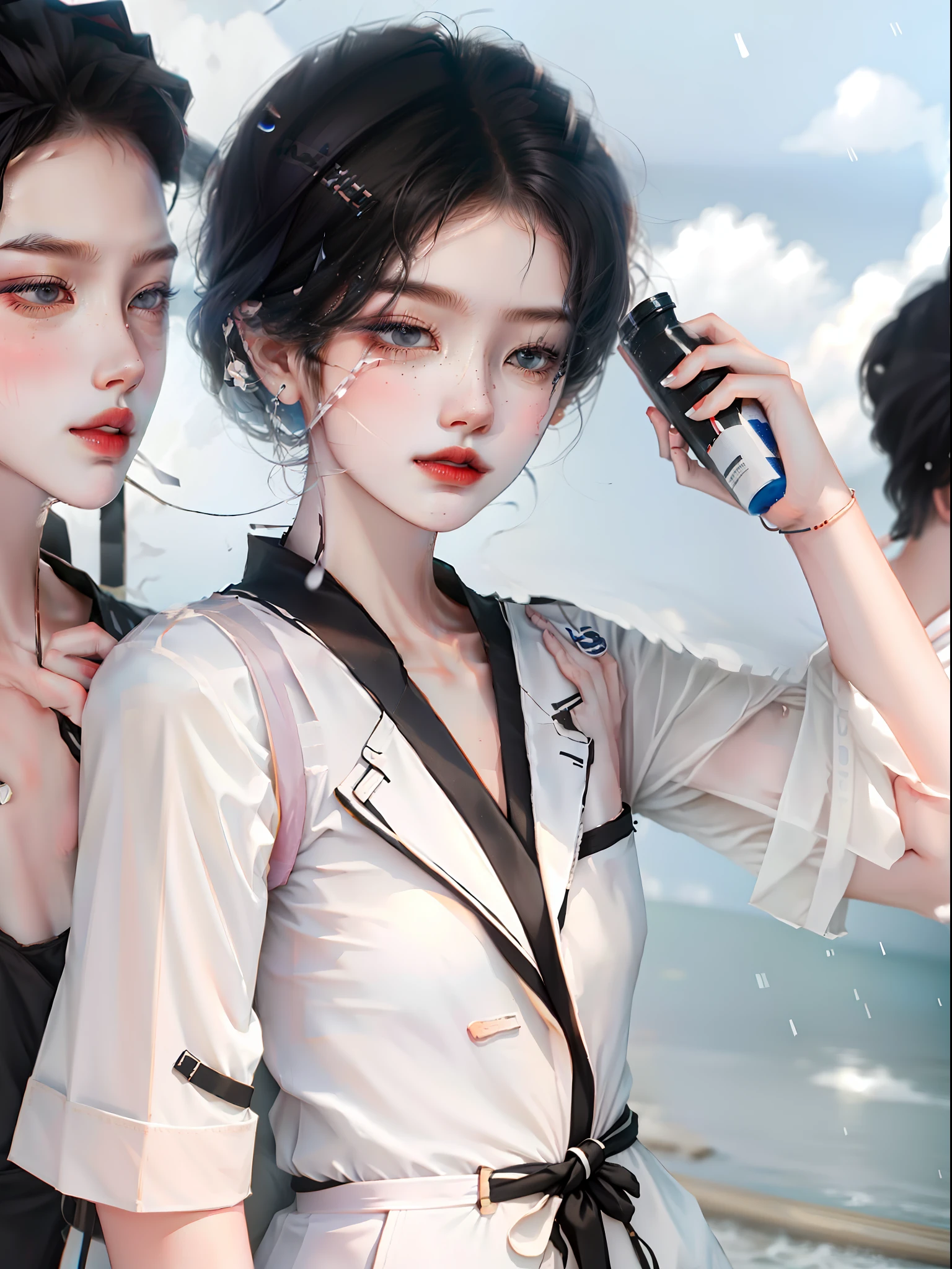 Libido boy，be on stage，raining day，White sailor suit with black pants。with short black hair。youthfulness。Mineral water bottle。hyper HD。