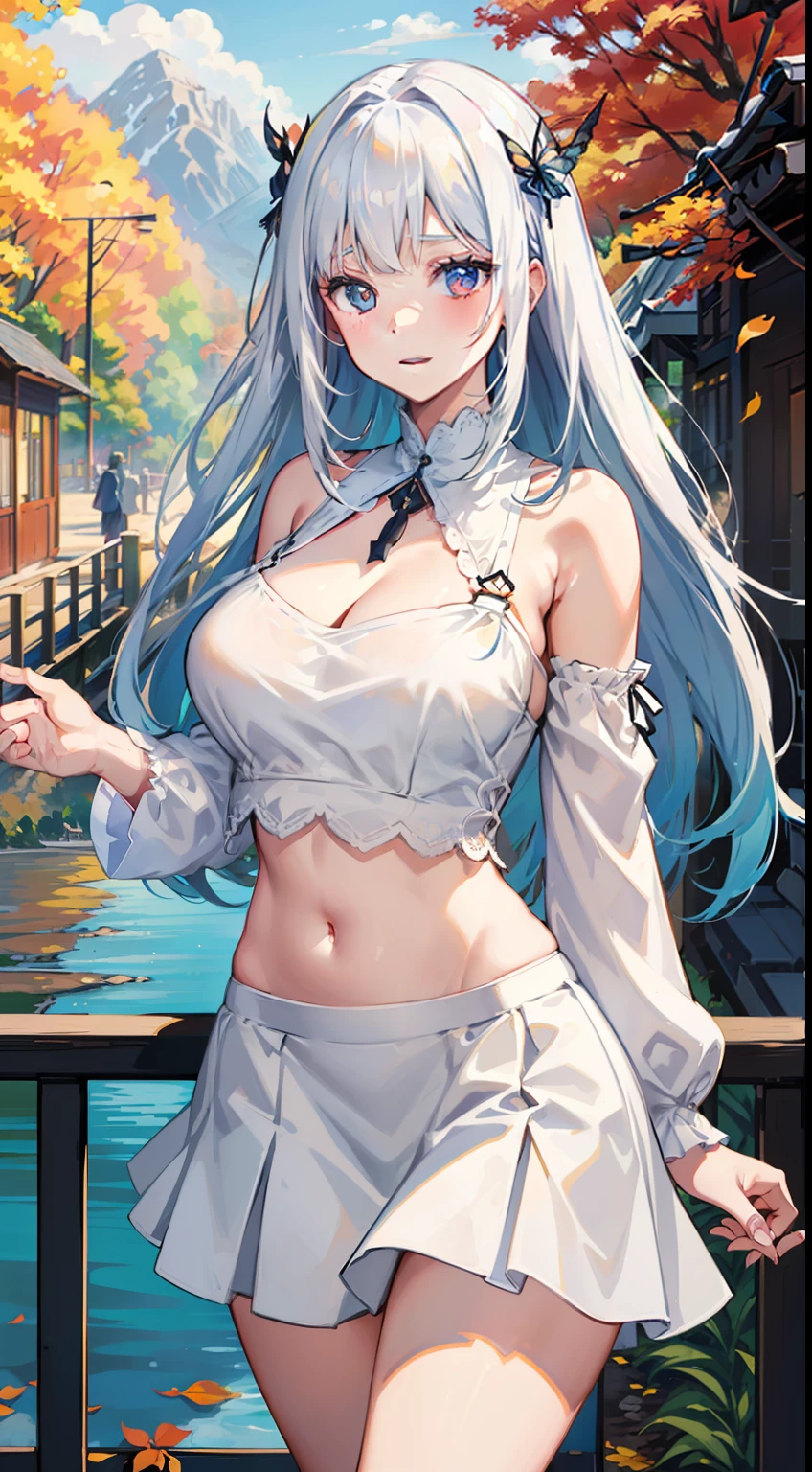 Full-size adult woman, white hair color, blue streaks, full height, light red eyes, smiling, mouth, lips, wearing transparent, hand holding handrail, ahageo-shaped grimace, ((Qutie Sweatshirt Belly Neckline Letter Graphic Drop Shoulder, white short skirt)), perfect belly, thin waist, big chest, white skin color, thick legs, thick Thighs, Fringe, lace-rimmed bra, side locks, mountain, yellow leaves of trees, scenery of background, sunset, sunlight, beautiful afternoon, clouds, wind in your hair, leaves flying, details in the environment, more vivid colors, saturated effect