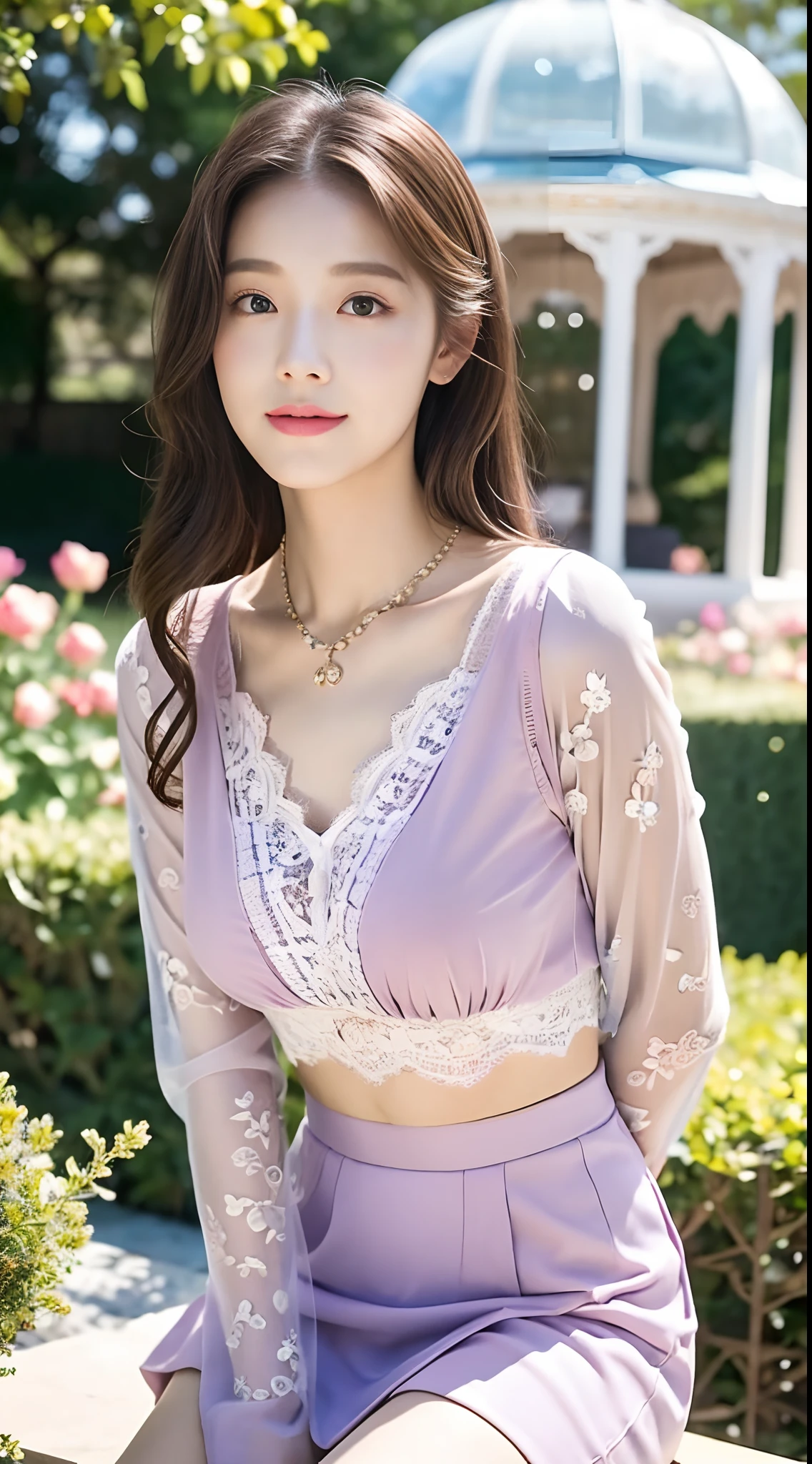 hentail realism,18 years old beautiful and cute girl, tmasterpiece, Best quality at best,Crystal necklace, A delicate and beautiful girl,He has big eyes of God,Long eyelashes,beautiful pupil,The eyes are sweet and there are lying silkworms,A sweet smile,(face fill light),trpical garden,gazebo,flower sea,Peony flower,peach blossom,Rose flower,lavender,the lilies,Blossom,Sexy girl nipple,S-shaped body,smooth, Wavy hair,With a petite figure,(Lace-trimmed crewneck floral top),short skirt,Sitting or standing,dynamic angle,with blue sky and white clouds,Deleite para la vista,Face value,(Do not show your hands)