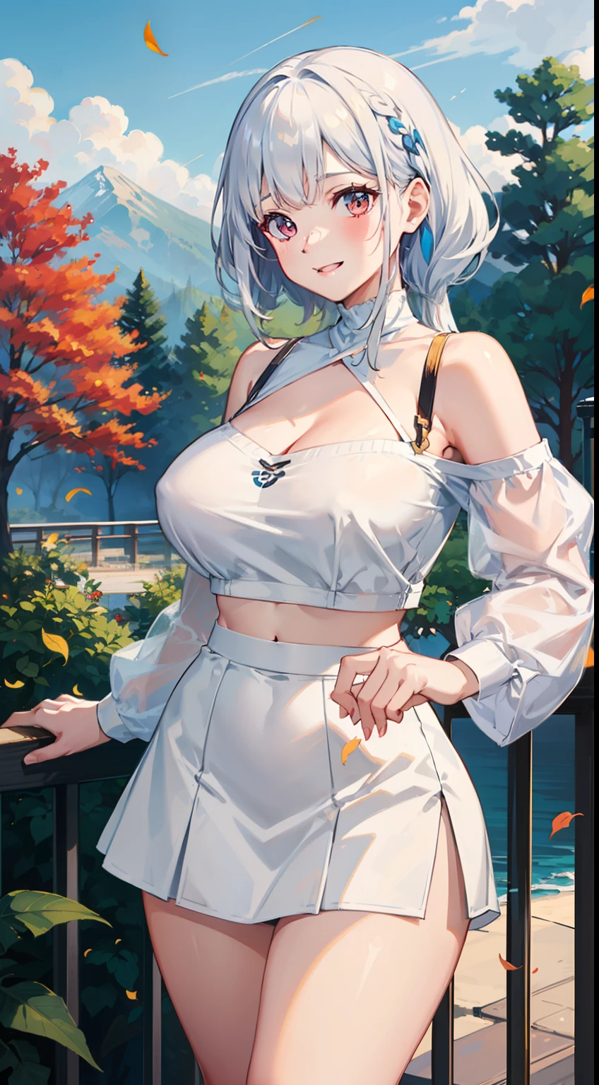 Full-size adult woman, white hair color, blue streaks, full height, light red eyes, smiling, mouth, lips, wearing transparent, hand holding handrail, ahageo-shaped grimace, ((Qutie Sweatshirt Belly Neckline Letter Graphic Drop Shoulder, white short skirt)), perfect belly, thin waist, big chest, white skin color, thick legs, thick Thighs, Fringe, lace-rimmed bra, side locks, mountain, yellow leaves of trees, scenery of background, sunset, sunlight, beautiful afternoon, clouds, wind in your hair, leaves flying, details in the environment, more vivid colors, saturated effect