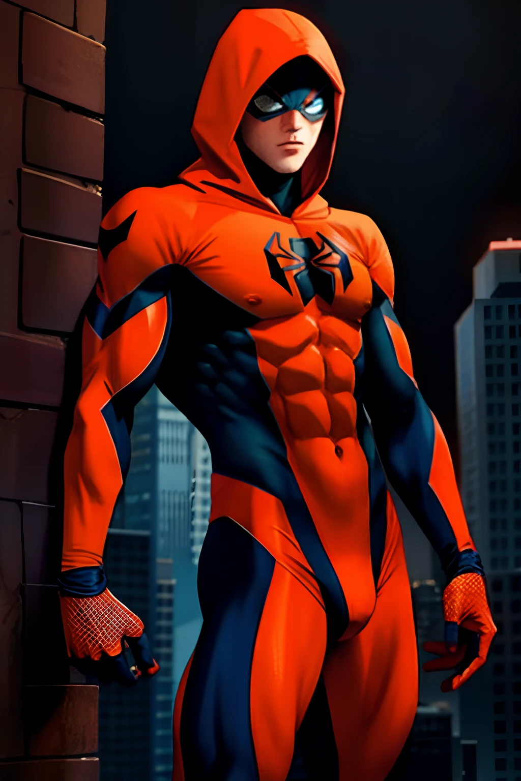 White Spider-man, muscular male, hood, new york city, suit colors black and orange, toned