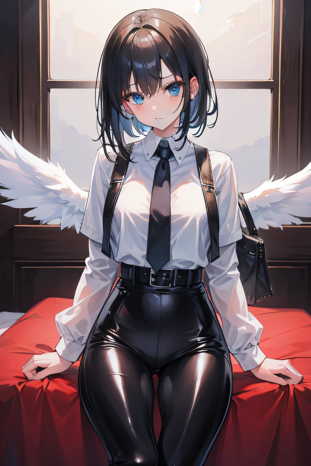 1girl angel, randome hair, leather pants, absurdres, high res, ultrasharp, 8K, masterpiece, looking at viewer