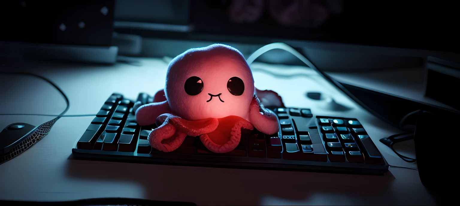There's a stuffed octopus sitting on a keyboard with a computer monitor, Super Nova Octopus, Cthulhu bonito, foto de cthulhu, plushie, very detailed felt plushie, anthropomorphic octopus, Capturado na Canon EOS R 6, polvo ciborgue, stuffed toy, mecha em forma de peixe-boi, coronavirus as a stuffed toy, tentacles surrounding