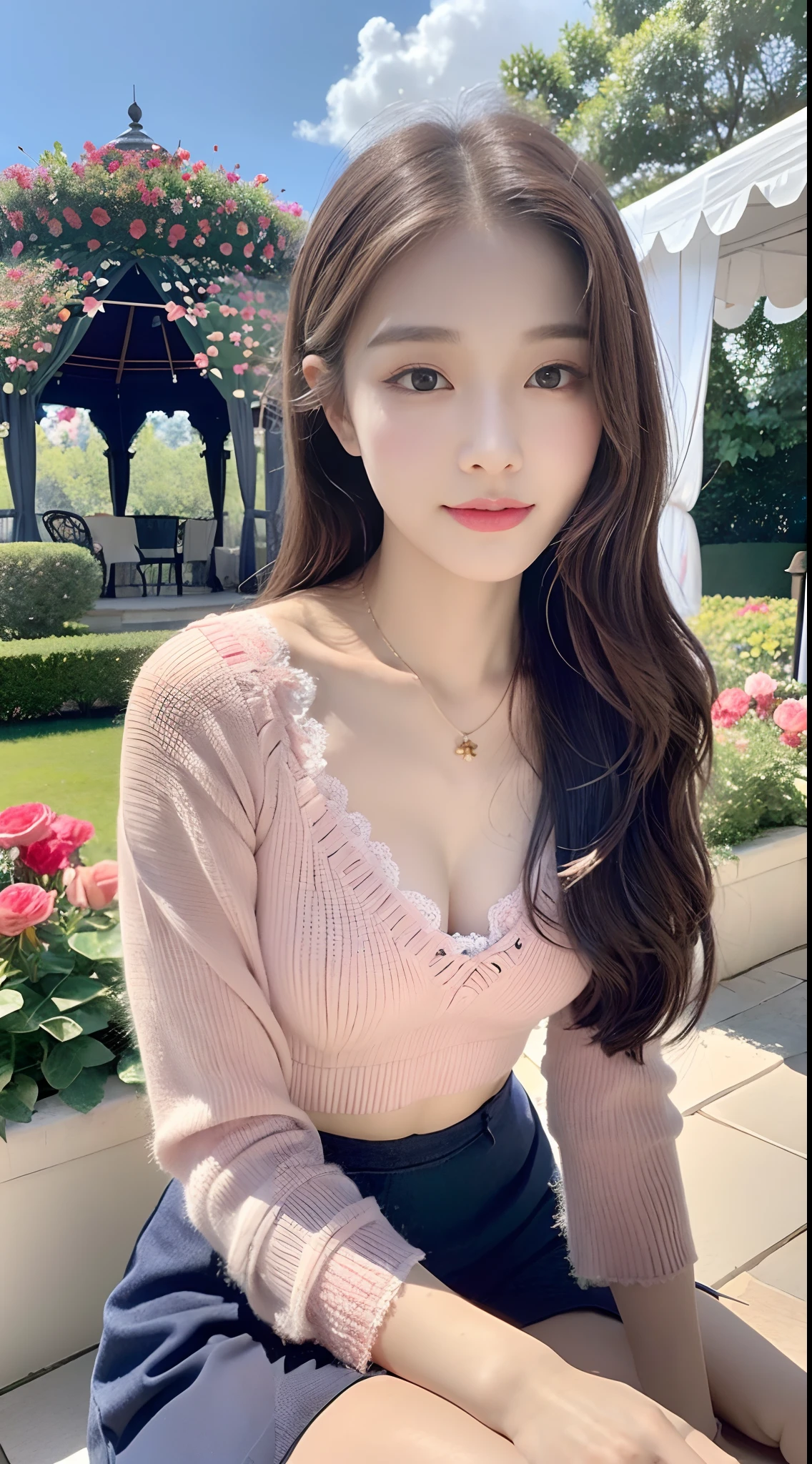 hentail realism,18 years old beautiful and cute girl, tmasterpiece, Best quality at best,Crystal necklace, A delicate and beautiful girl,He has big eyes of God,Long eyelashes,beautiful pupil,The eyes are sweet and there are lying silkworms,A sweet smile,(face fill light),trpical garden,gazebo,flower sea,Peony flower,peach blossom,Rose flower,lavender,the lilies,Blossom,Sexy girl nipple,S-shaped body,smooth, Wavy hair,With a petite figure,(Lace-trimmed crewneck floral top),short skirt,Sitting or standing,dynamic angle,with blue sky and white clouds,Beautiful,Face value