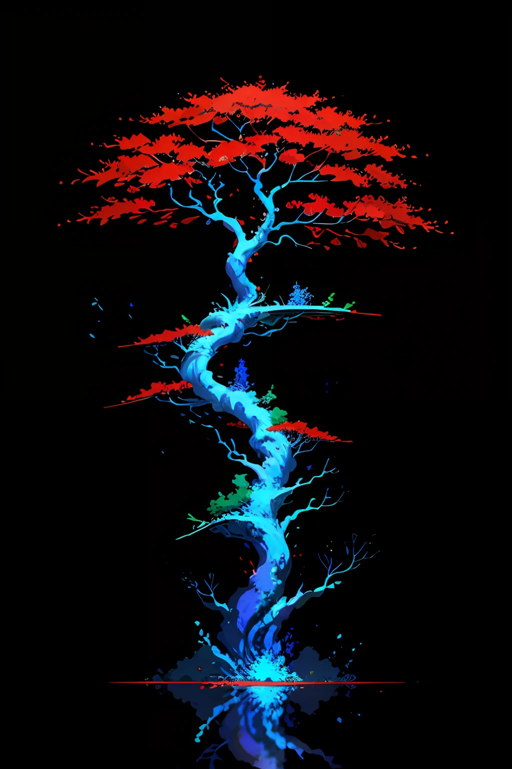 "A stunning red blood tree with mesmerizing blue liquid cascading down its delicate leaves, creating a magical spectacle on Earth."