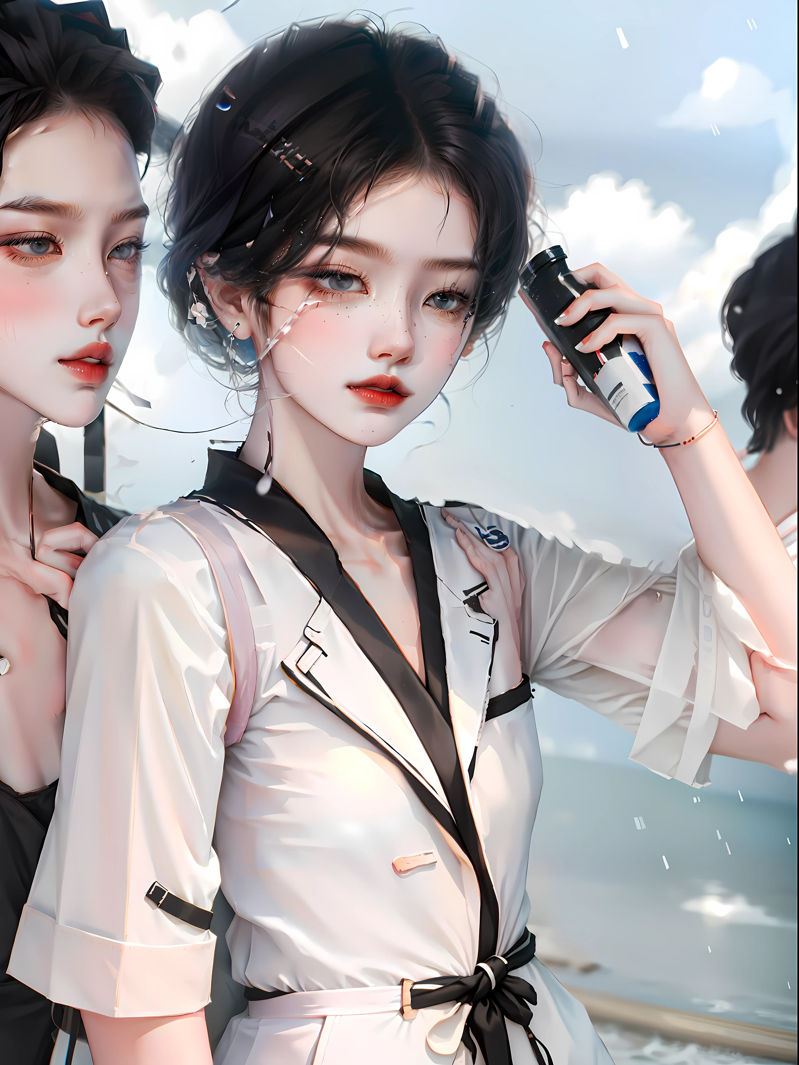 Libido boy,be on stage,raining day,White sailor suit with black pants。with short black hair。youthfulness。Mineral water bottle。hyper HD。