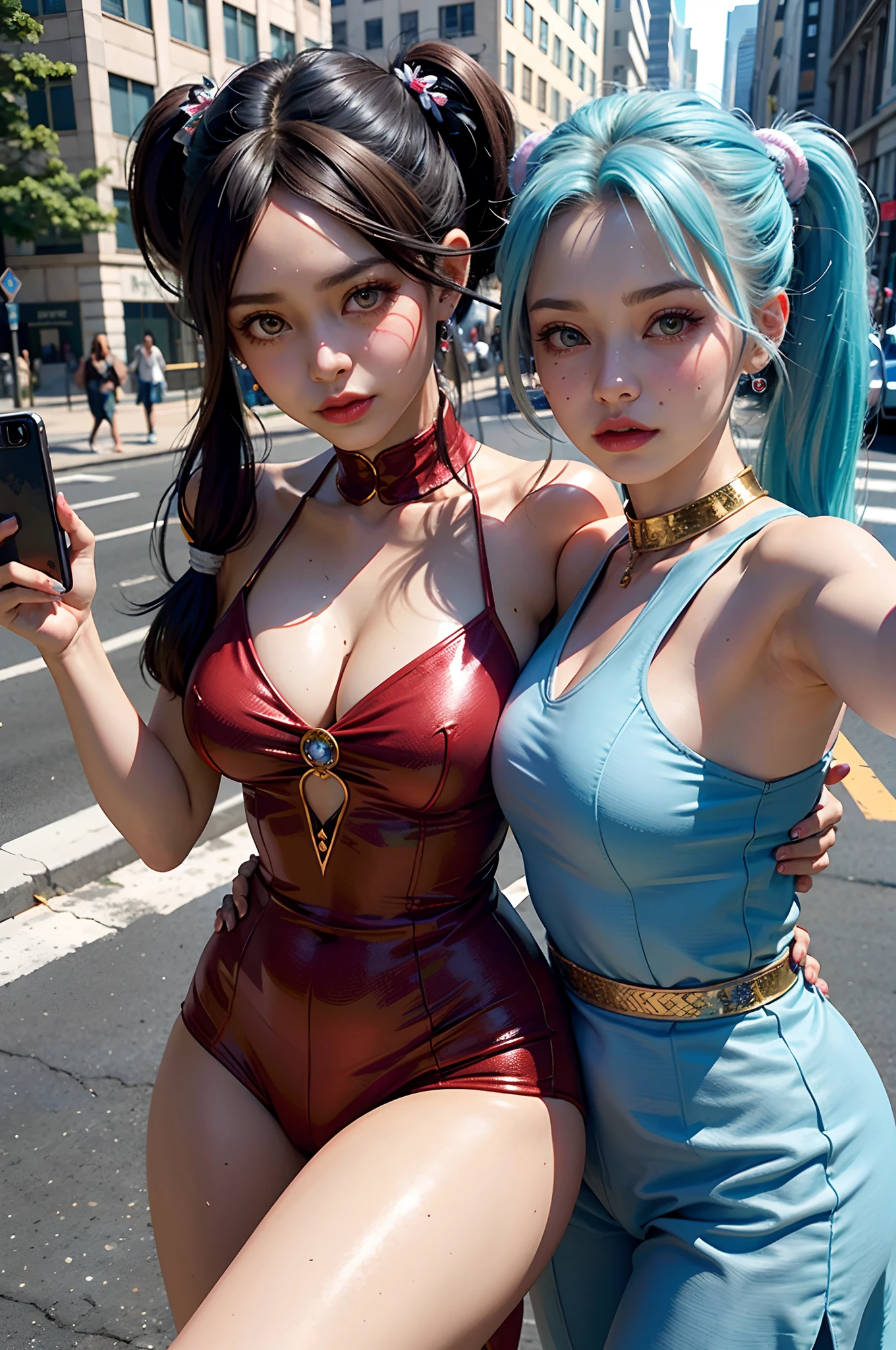 shukezouma, rendering by octane, hdr, (ultra - detailed:1.15), (Soft light, Sharp:1.2), (((duo,Two women in costume take selfies on the street,colorful pigtail, anime cosplaying,))),Beautiful girl, hyper detail eyes, mature, Painting drops, paint teardrops, woman made up from paint, entirely paint, splat, Splash, Long colored hair,paint bulb,paint drops, Exposed shoulders, Tears,shoulders are visible, Thighs exposed, seminude, focus onface, Beautiful face, eye shadows, Dark circle contour, russian face, Russian girl, mascara, Beautiful, 18yr old