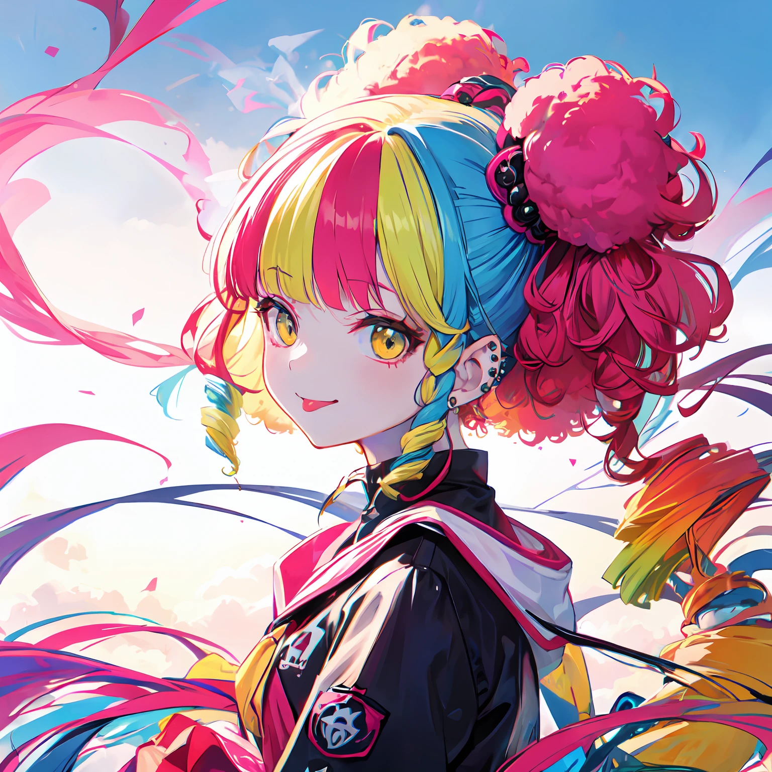 from side,solo,(afro:1.3),drill hair,dreadlocks,ponytail,two side up,hime cut,twintails,braid,(hair bun:0.7),(wavy multicolor hair:1.2),(smokeanywhere:1.4),smile,tongue,piercing