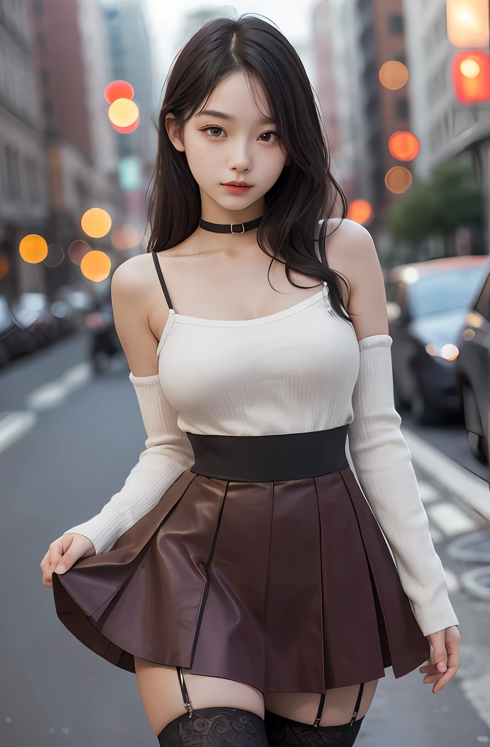 1girl, cute, 16 years old, seductive expression, look at viewer, spaghetti strap top ,high waist circle skirt bodycon, photo, realistic, best quality, hires, detailed face, detailed background, diffused lighting, depth of field, bokeh, thighhighs