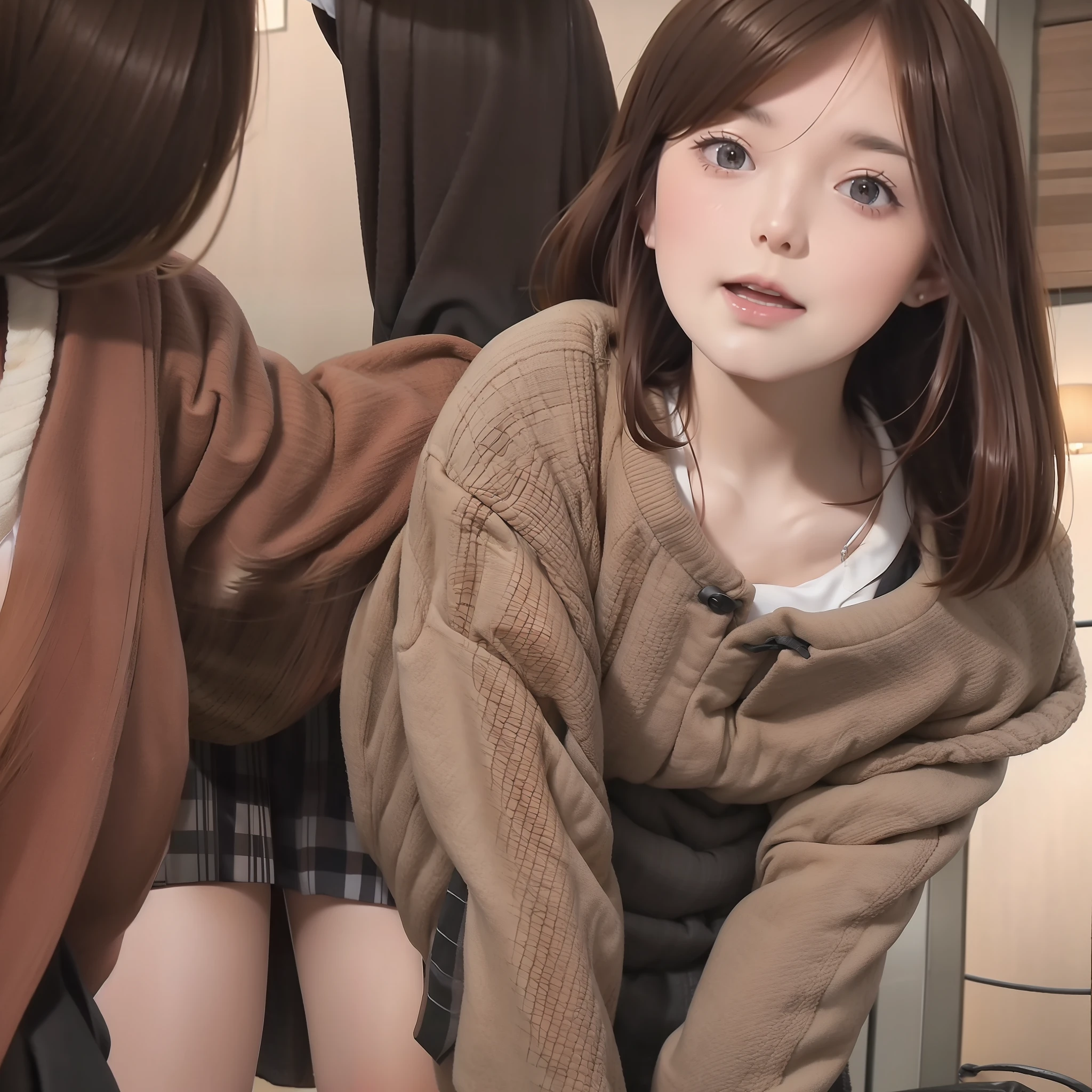 brunette color hair, Beth, short skirt, Highly realistic, realisticlying, hyper-high detail, 8K, Be red in the face